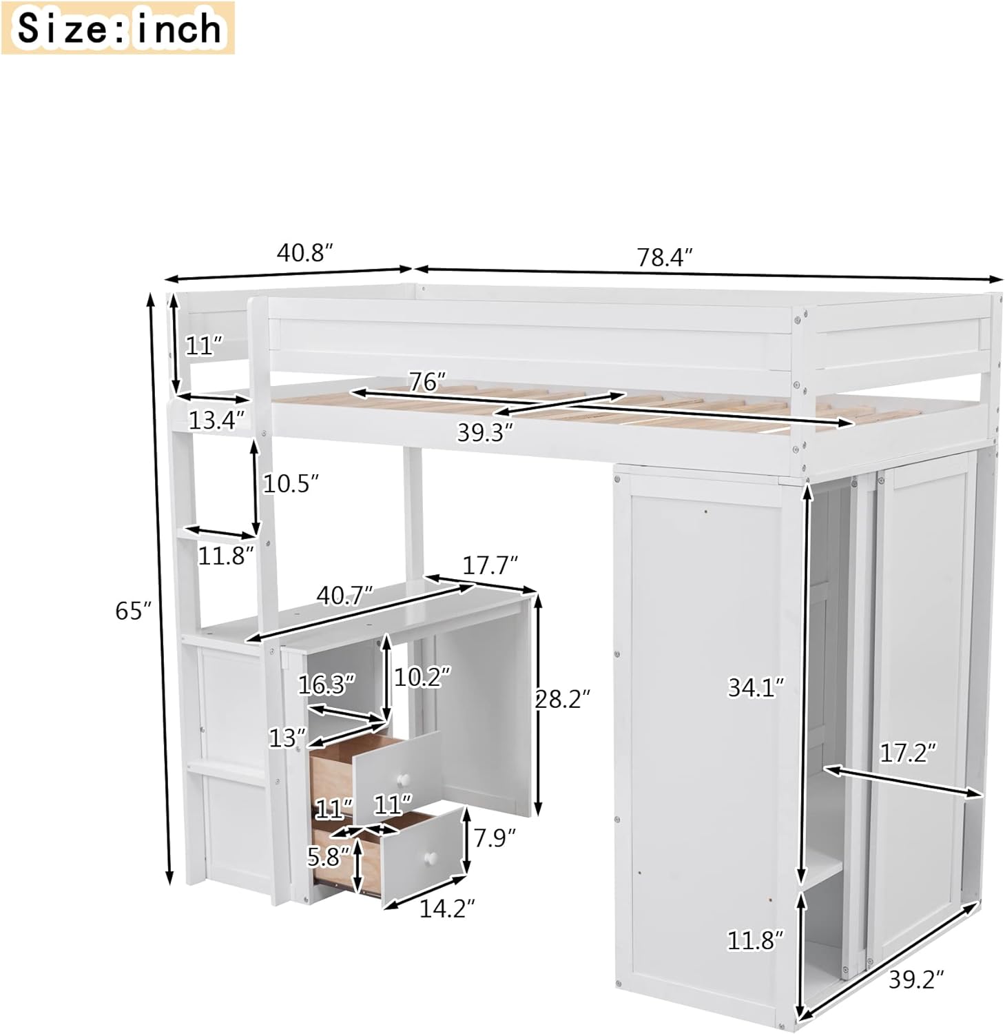 Size Loft Bed With Desk Ad Wardrobe, Woode Loft Bed With 2 Storage Drawers Cabiet, Bedframe For Kids, Tees, Adults Boys & Girls (Loft Bed , White)