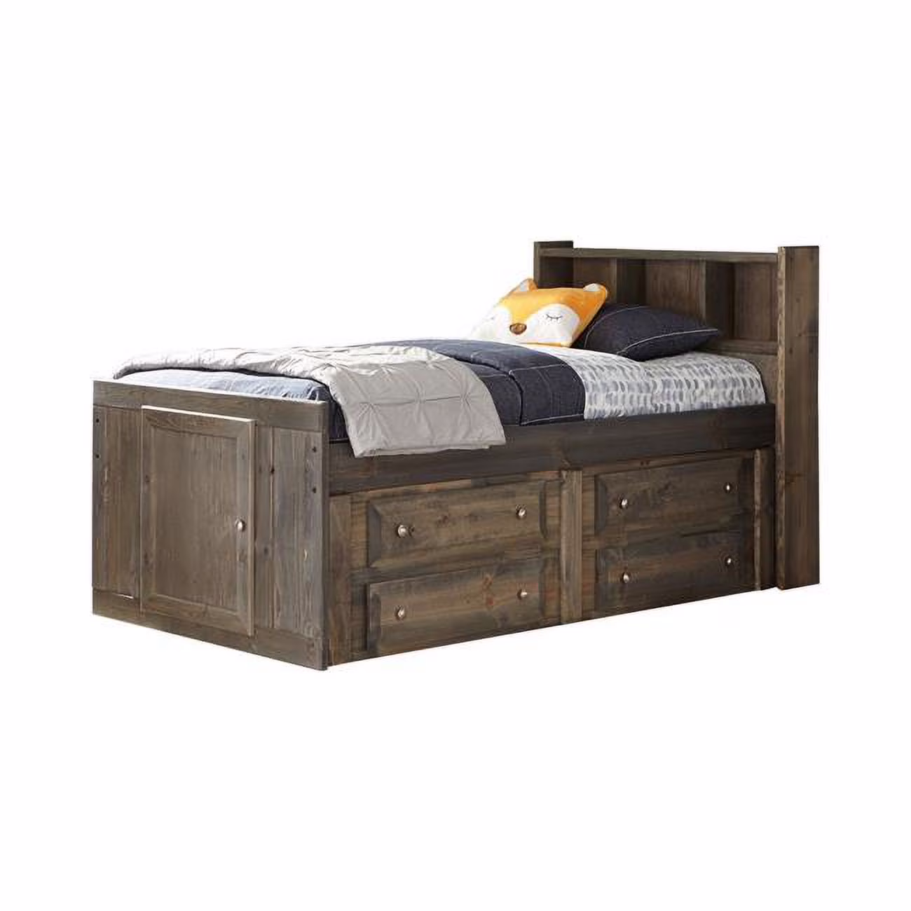 Sun Wood Twin Size Storage Bed with Bookcase Headboard & 4 Underbed Drawer, Gray & Brown