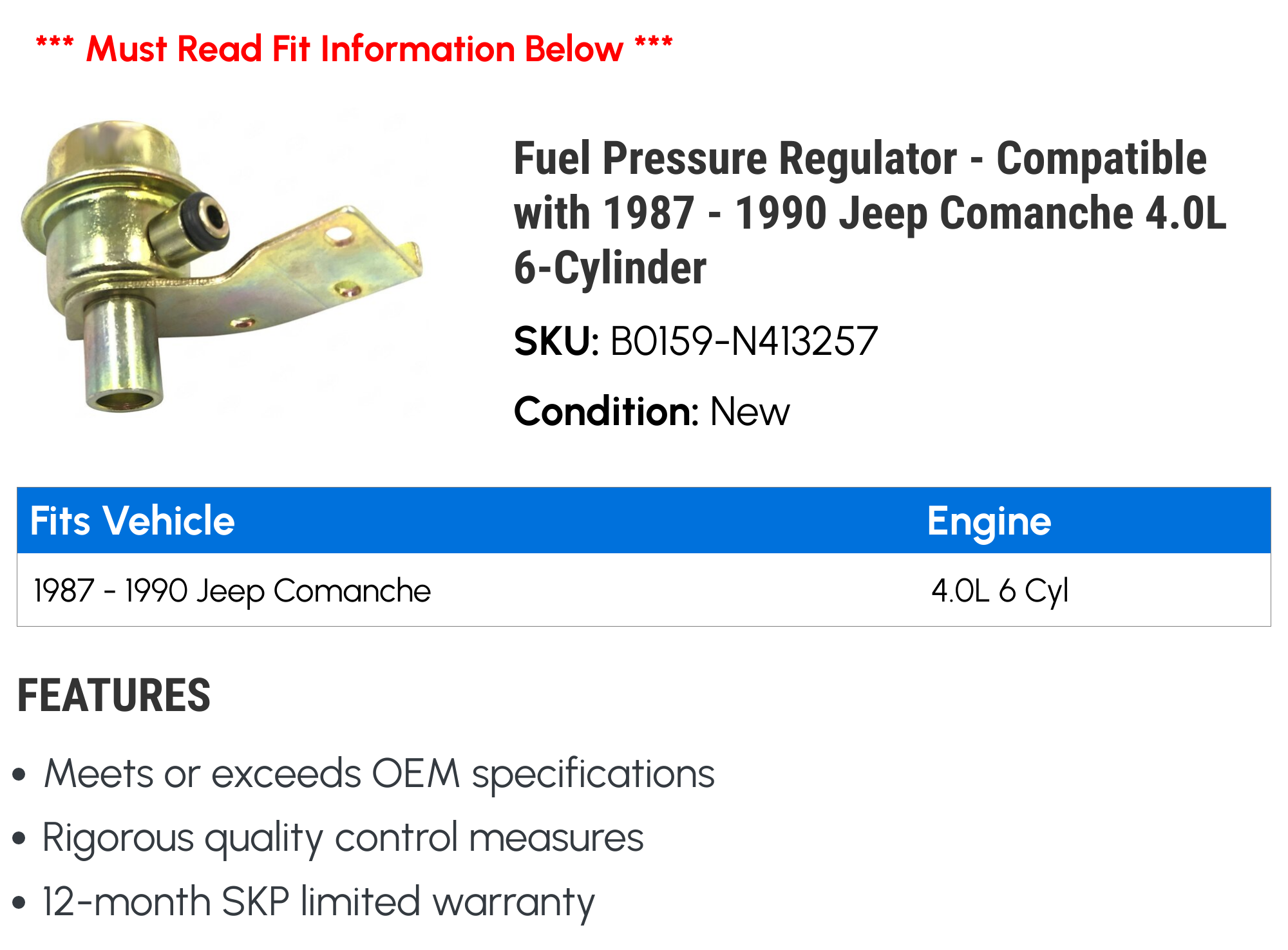 Fuel Pressure Regulator - Compatible with 1987 - 1990 Jeep Comanche 4.0L 6-Cylinder 1988 1989