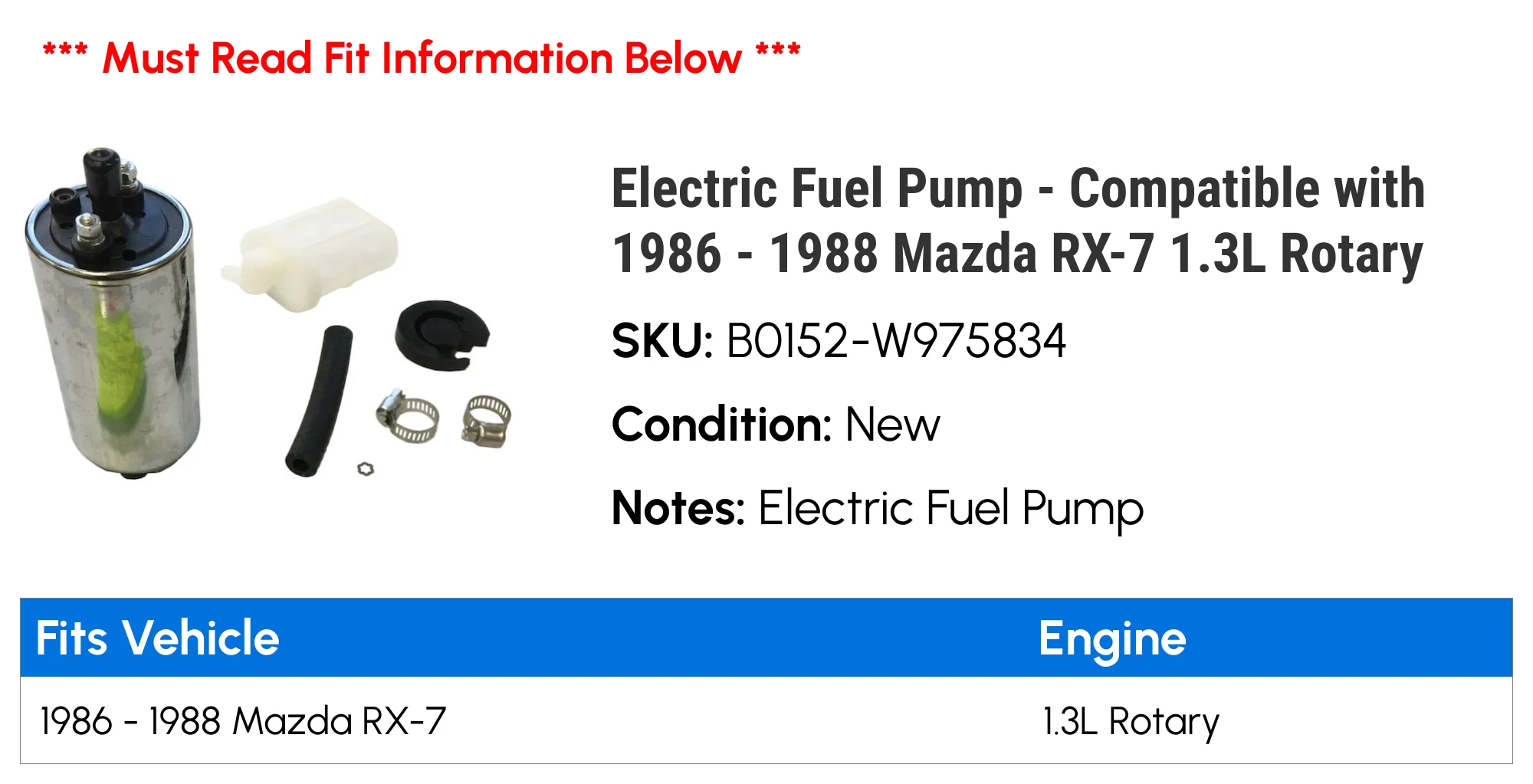 Electric Fuel Pump - Compatible with 1986 - 1988 Mazda RX-7 1.3L Rotary 1987
