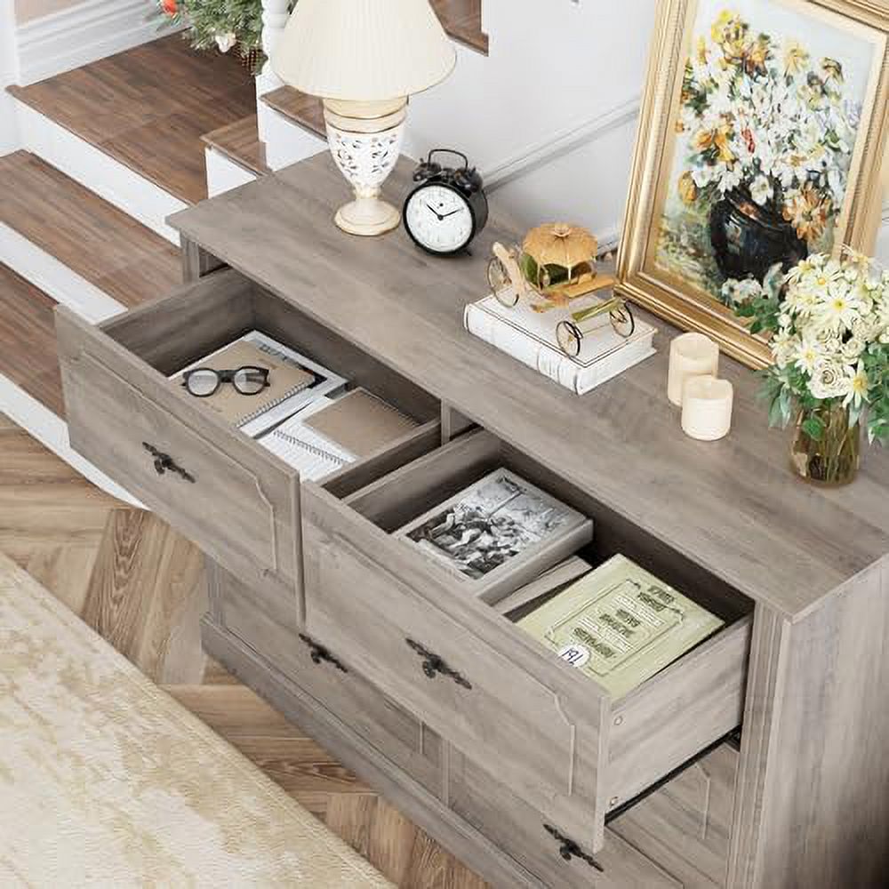RUNFAYBIU Wood Dresser 6 Drawer  47.2'' Grey Dresser Farmhouse Dresser Chest of Drawers with Designed Drawer Surfaces  Grey Dresser with Deeper Drawer  Ash Grey