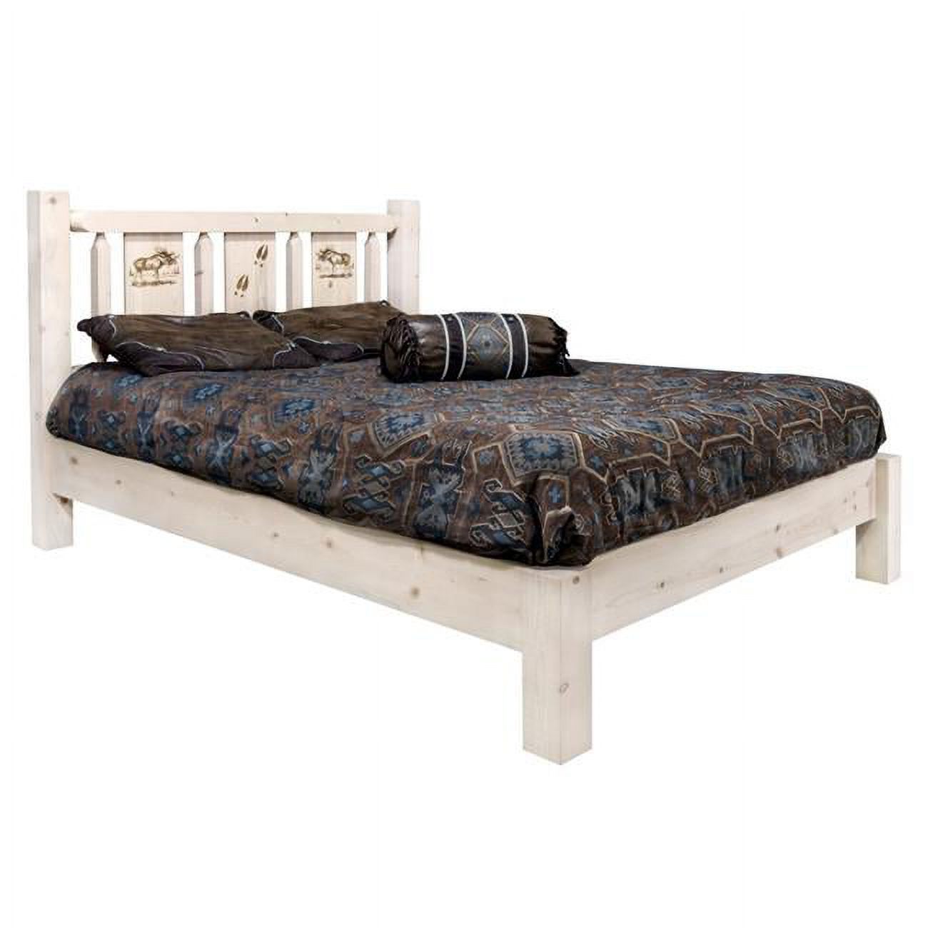 Homestead Collection Full Size Platform Bed with Laser Engraved Moose Design, Clear Lacquer Finish