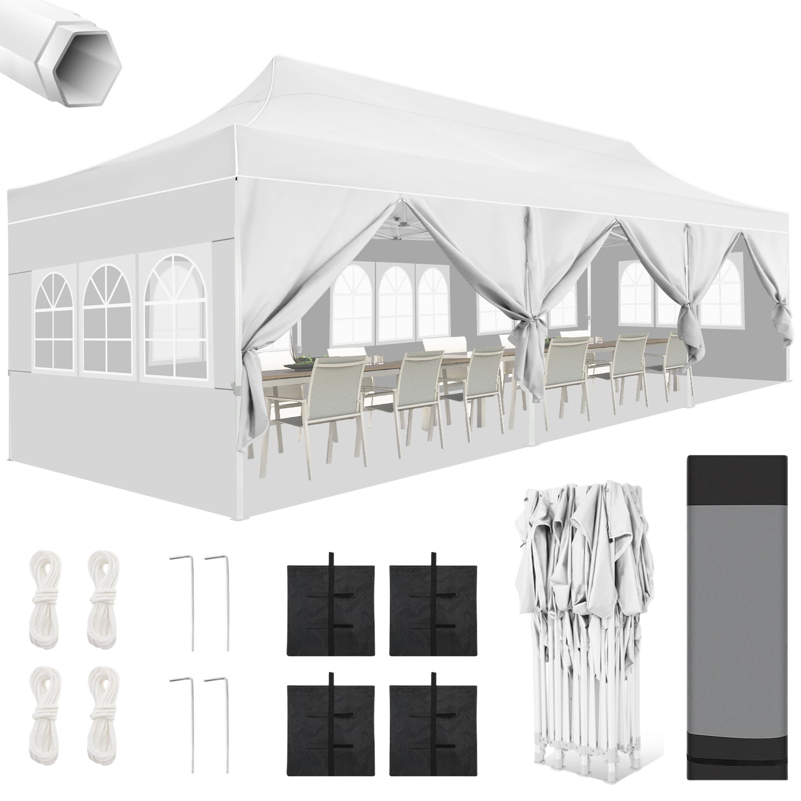 SANOPY 10'x30' EZ Pop Up Outdoor Canopy, Commercial Heavy Duty Party Canopy, Waterproof Beach Portable Tent with 8 Removable Sidewalls Instant Gazebo with 4 Sandbags, Carry Bag, White