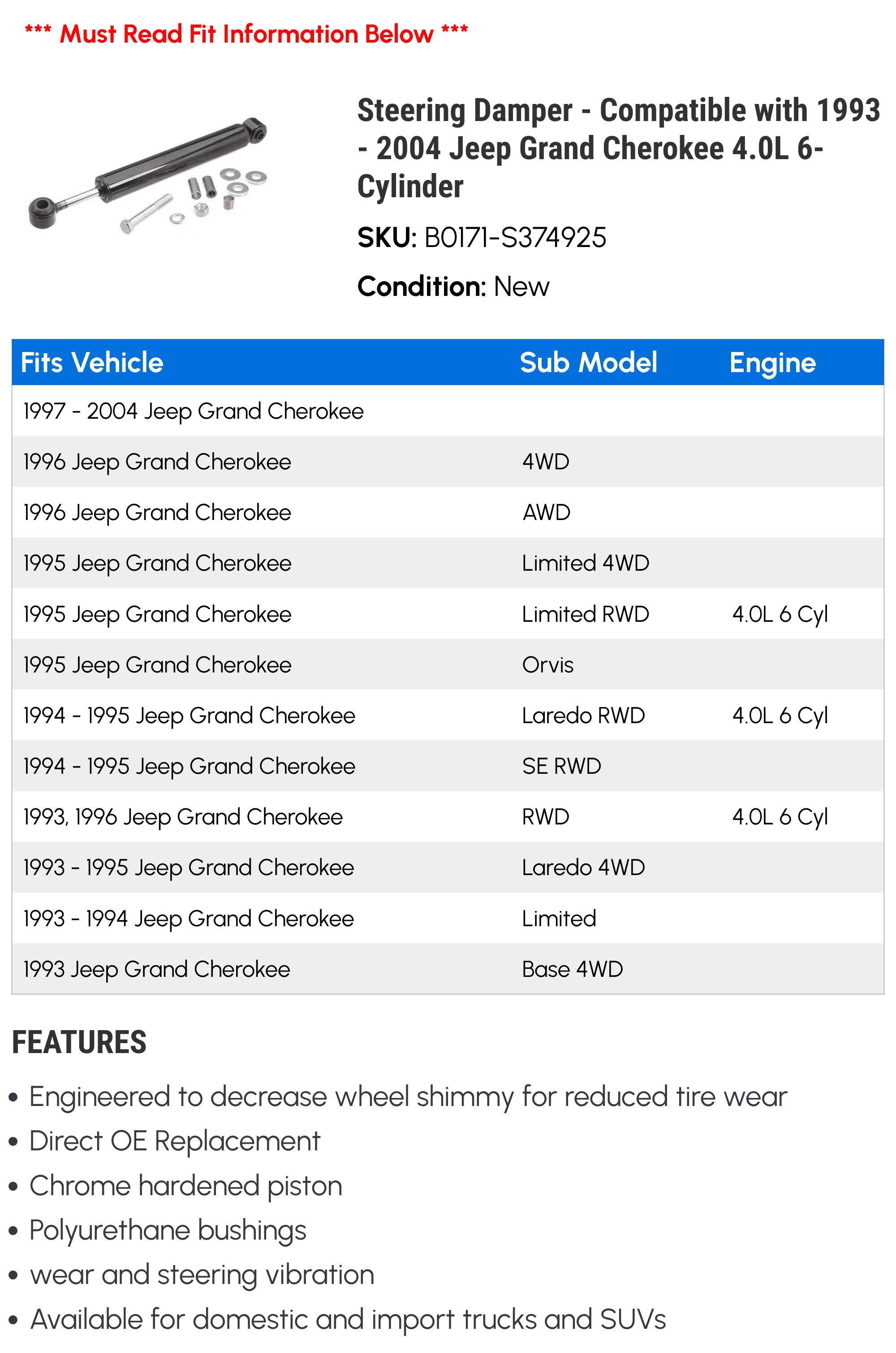 Steering Damper - Compatible with 1993 - 2004 Jeep Grand Cherokee 4.0L 6-Cylinder 1994 1995 1996 1997 1998 1999 2000 2001 2002 2003