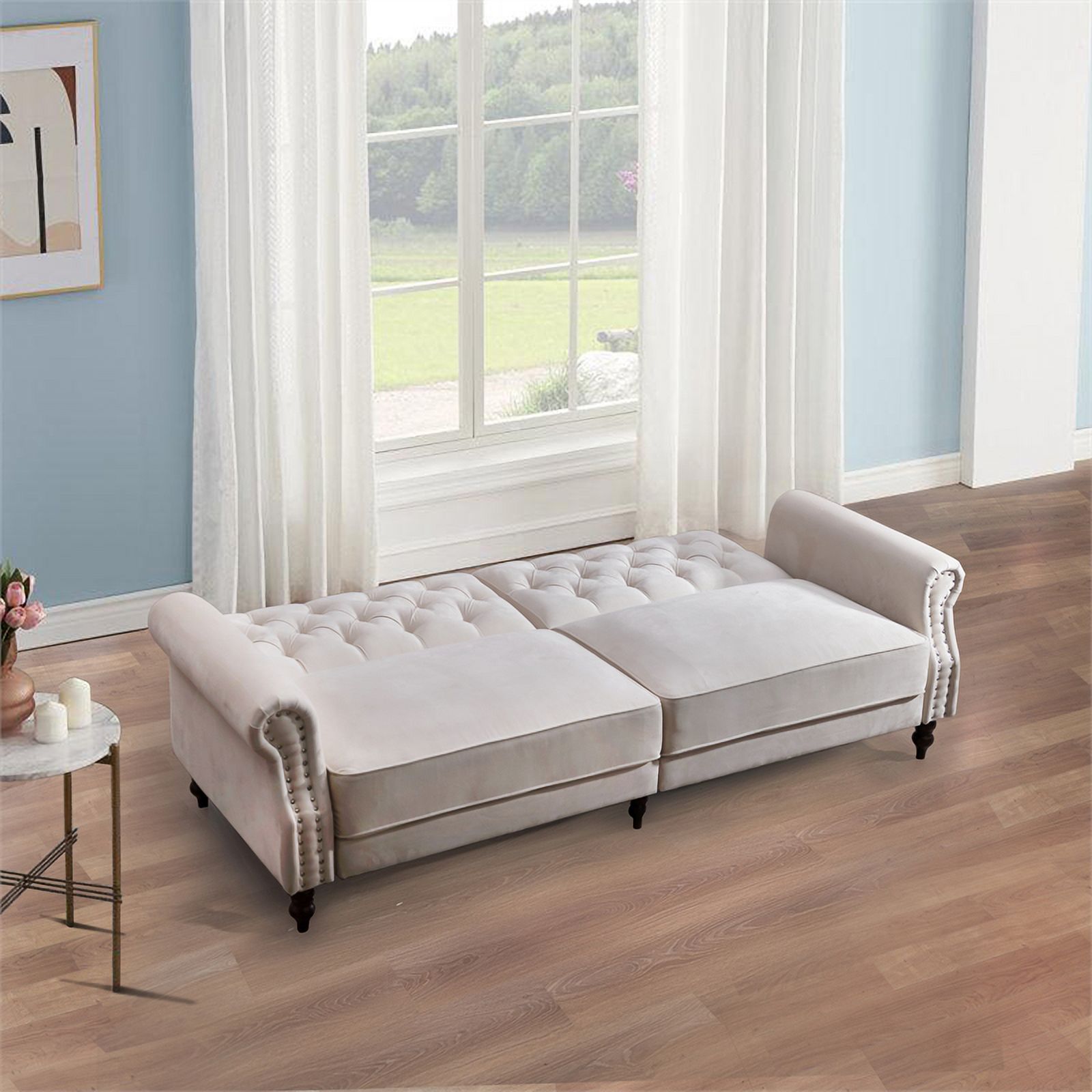 87.8'' Convertible Cream Velvet Sofa Bed Sleeper
