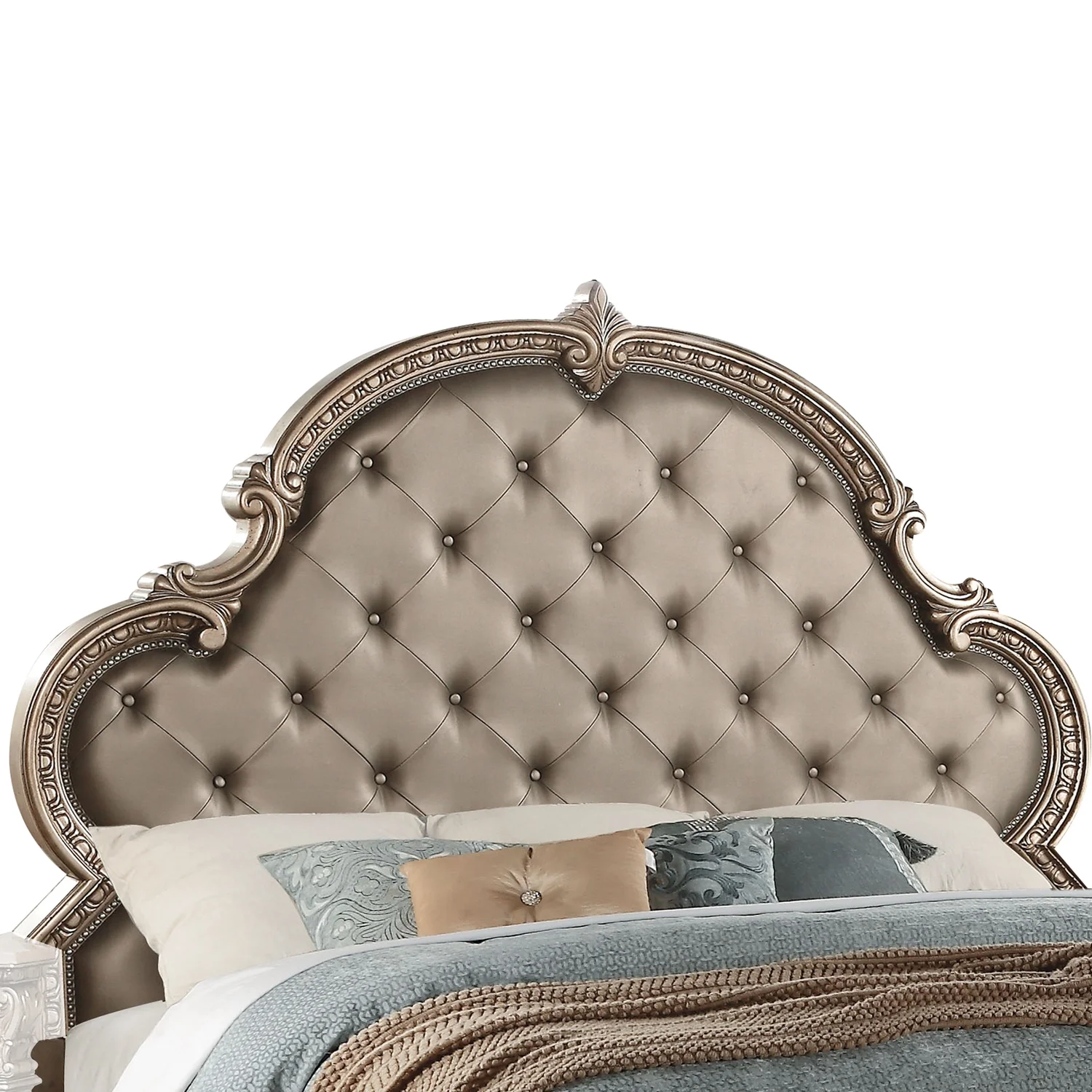 Traditional Style Wooden Queen Size Bed with Button Tufting and Nailhead Trims, Champagne Gold