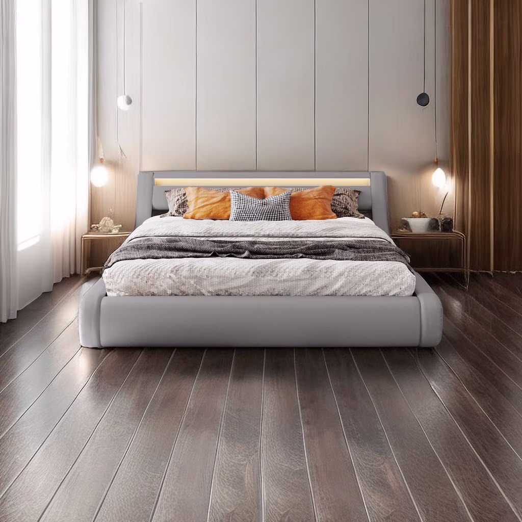 Queen Size Faux Leather Upholstered Platform Bed with a Hydraulic Storage System/16 LED Lights Headboard/Bed Frame with Slatted, Gas Lift Storage Bed with LED No Box Spring Required