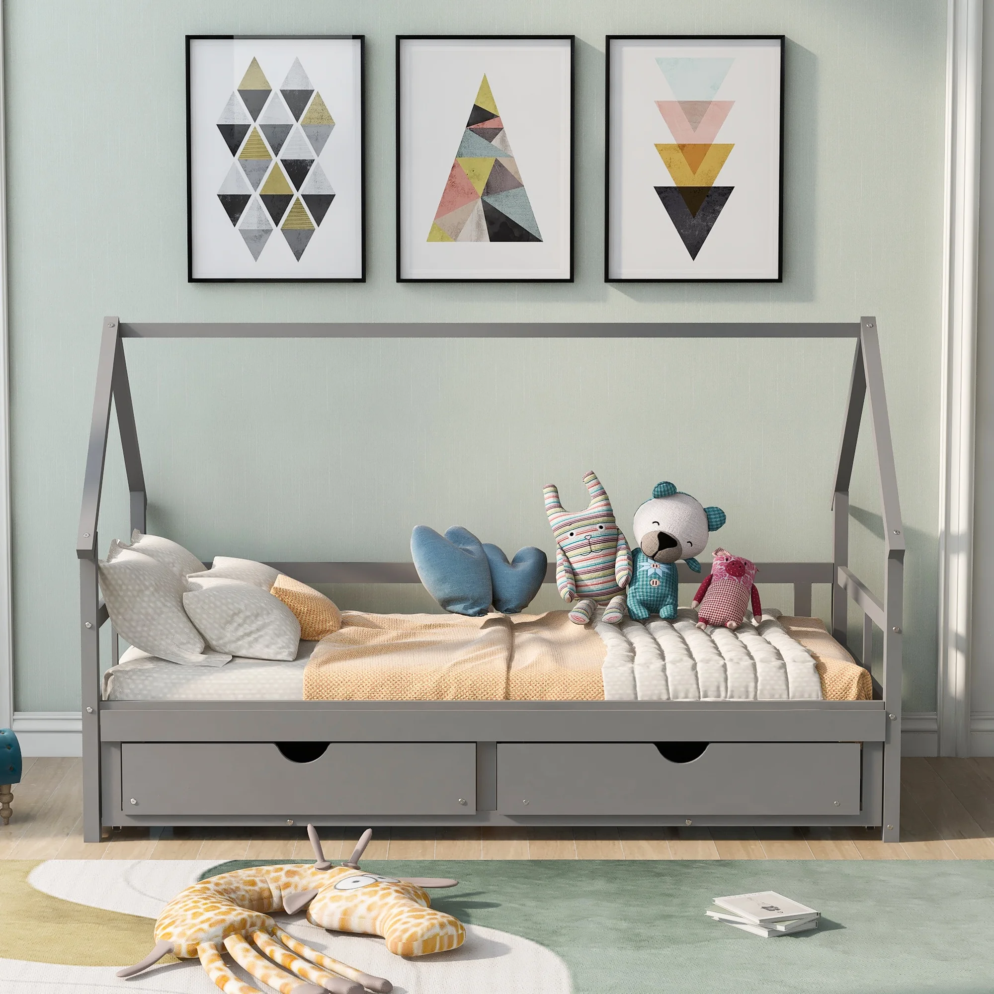 Nestfair Gray Twin Size Extending Wooden Daybed with Two Drawers
