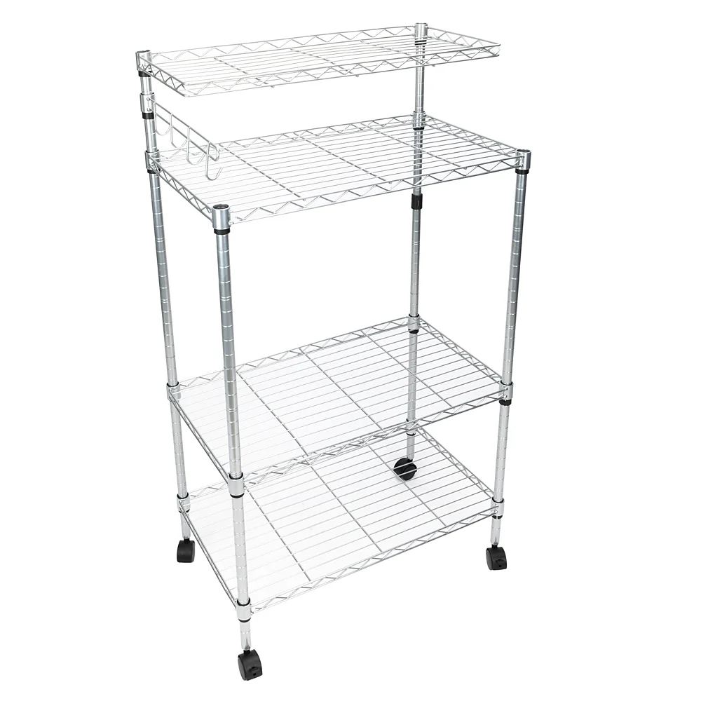 4 Tier Utility Storage Shelf Microwave Stand Cart on Wheels with Hooks, Kitchen Organizer Rack