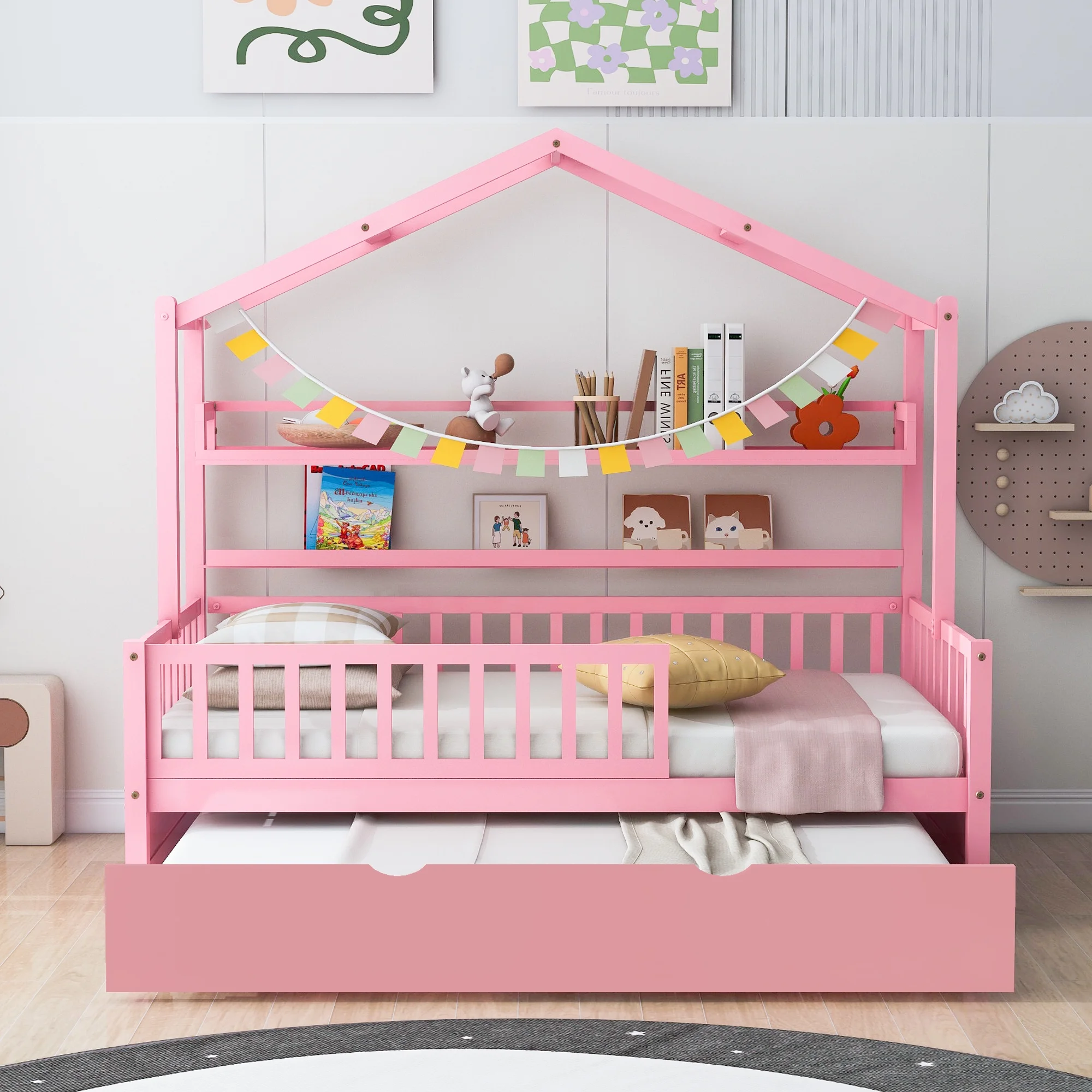 CoSoTower Wooden Twin Size House Bed with Trundle, Kids Bed with Shelf, Pink