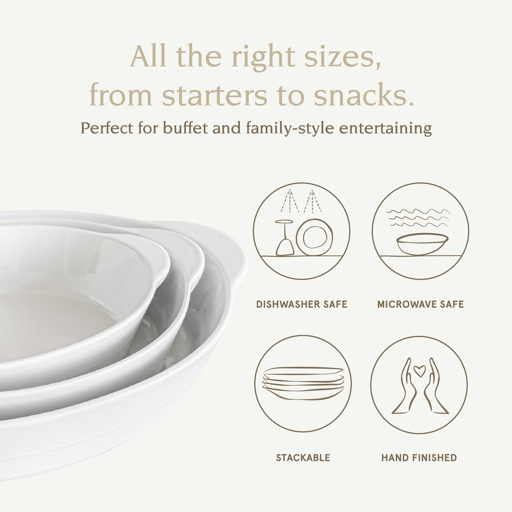 Over and Back Set of 3 White Porcelain Handled Oval Bakers