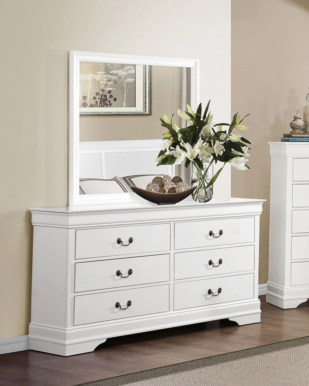 Classic Louis Philippe Style Bedroom 4pc Set Full Bed Nightstand Dresser Mirror Traditional White Finish Furniture