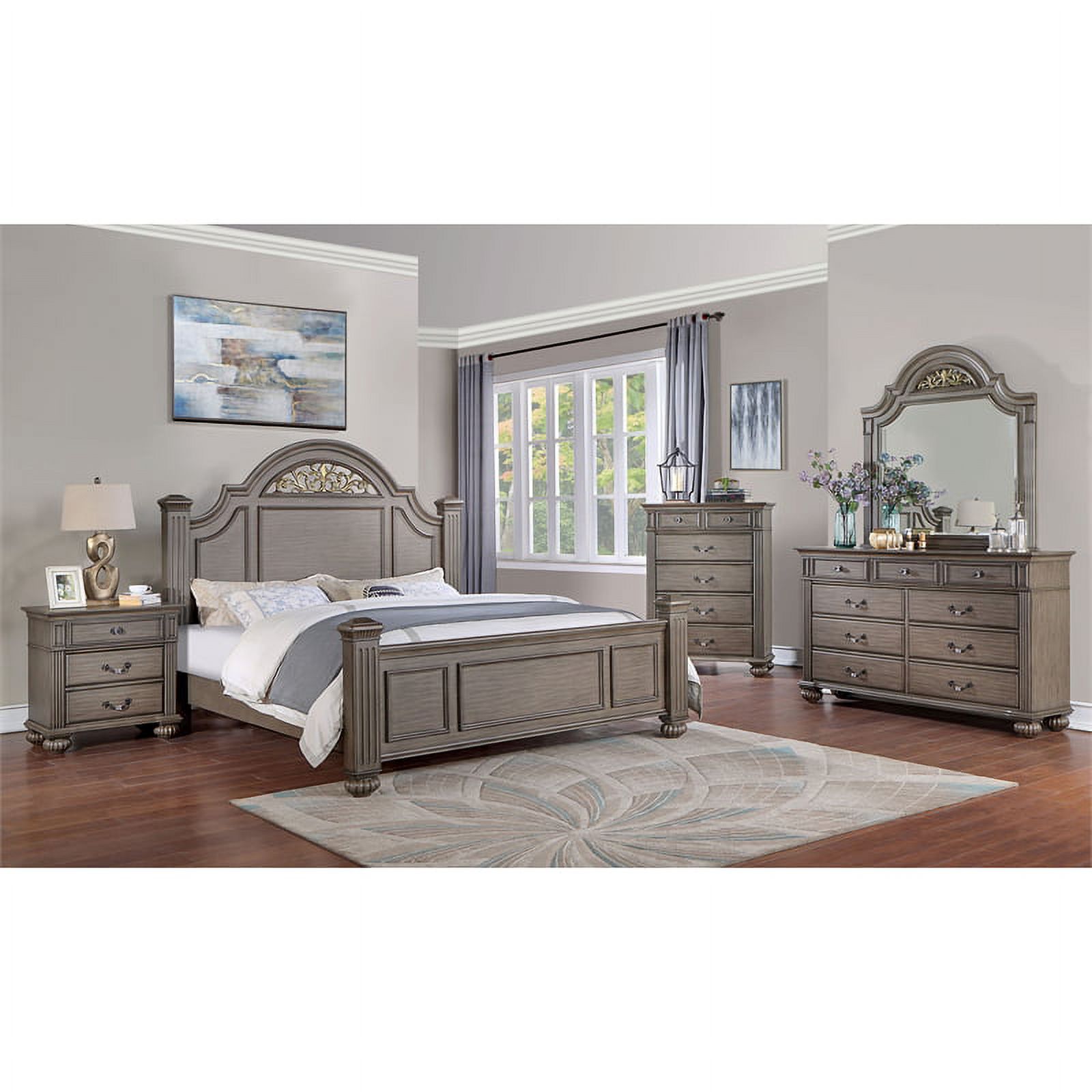 FOA Damos 6pc Gray Wood Bedroom Set-Cal King+2 Nightstands+Chest+Dresser+Mirror