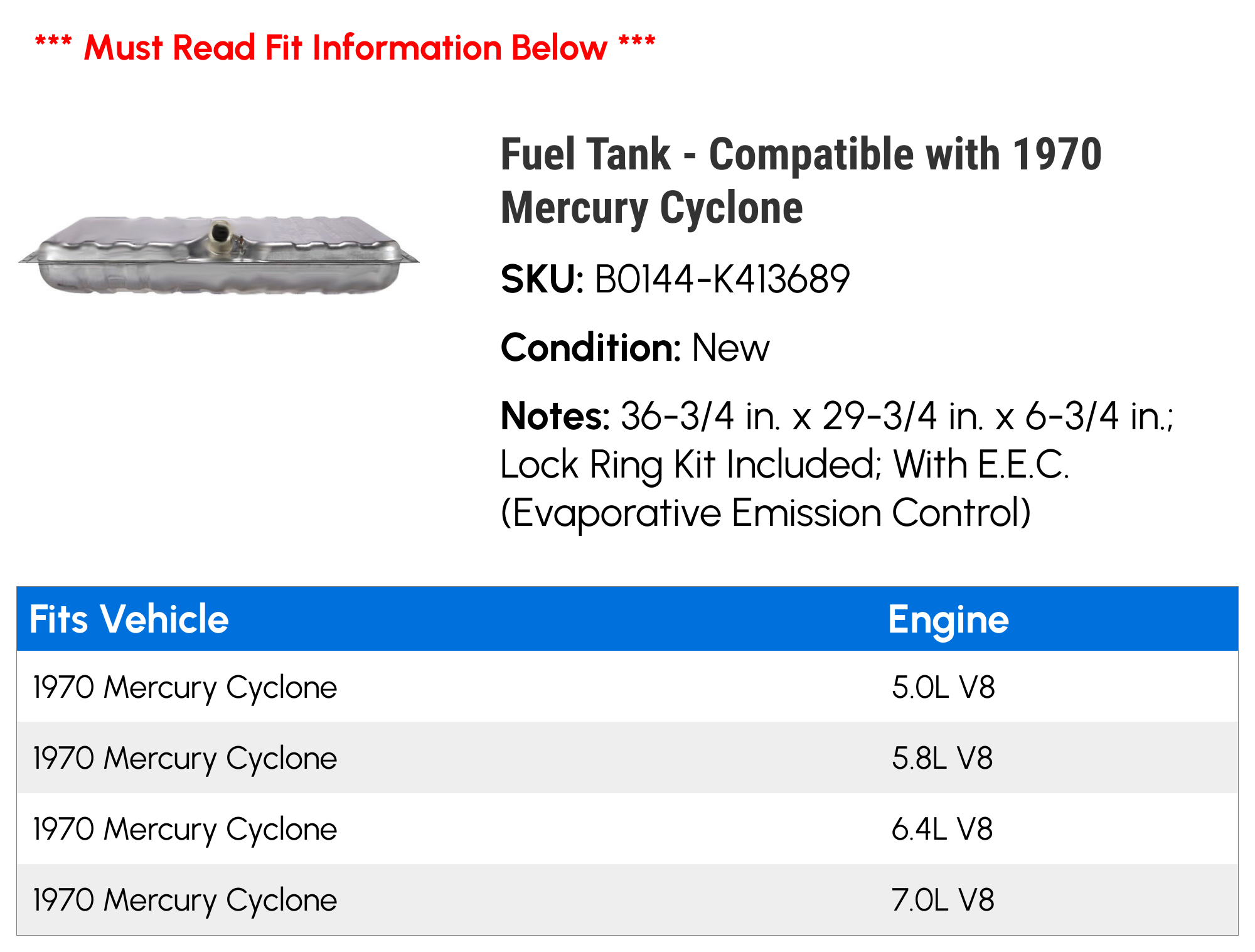 Fuel Tank - Compatible with 1970 Mercury Cyclone