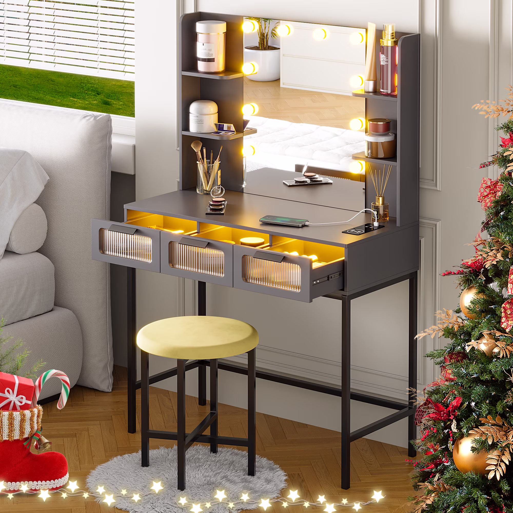 HNEBC Makeup Vanity with Charging Station,LED Vanity Desk with Mirror and 10 Bulbs, Vanity with Lights, Make Dedk with 3 Drawers/Stool with Senser Mode Dressing Table