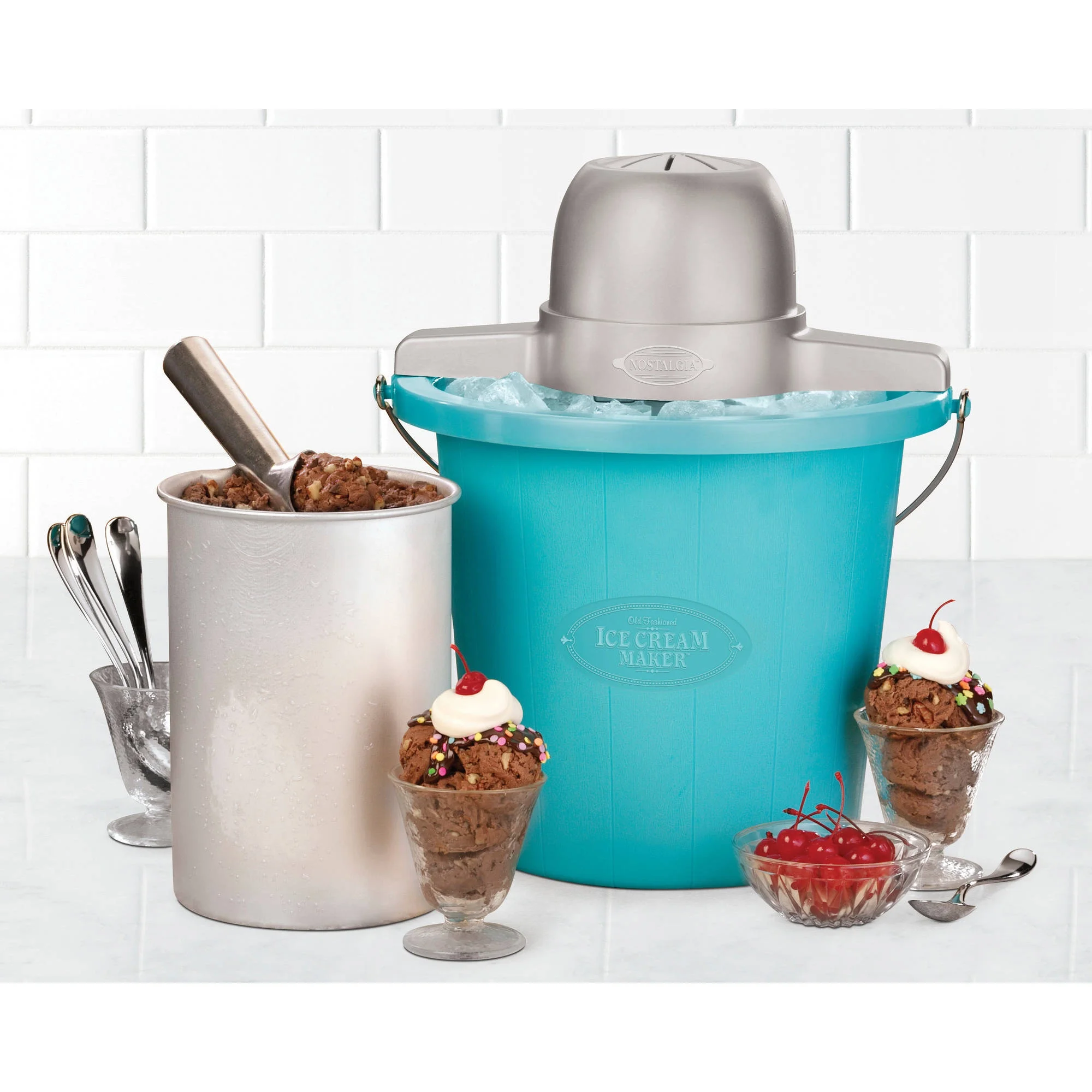 Nostalgia 4-Quart Bucket Electric Ice Cream Maker, Blue