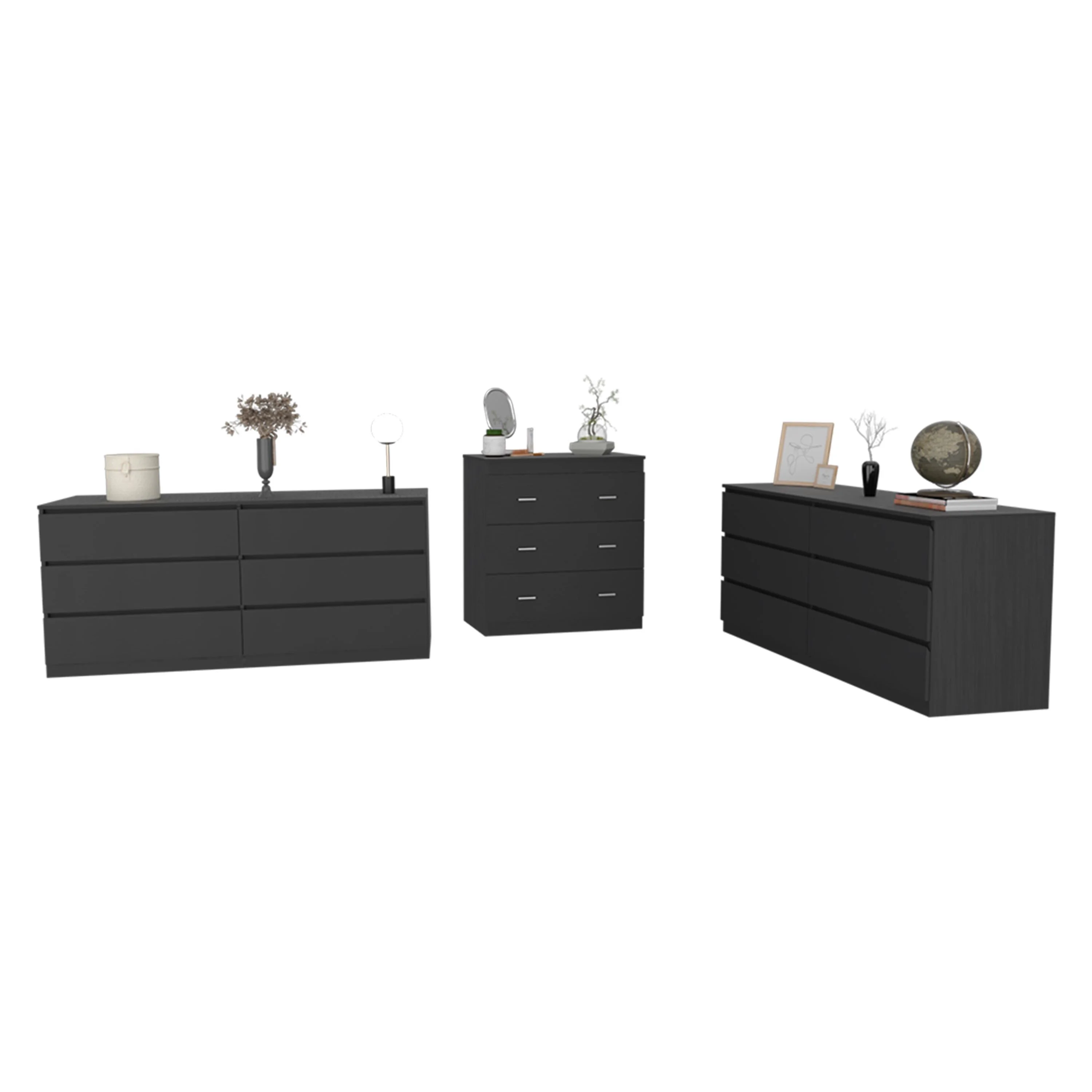 Depot E-Shop Medway 3 Piece Bedroom Set, 2 Cocora 6 Drawer Dressers + Capri Dresser, Black