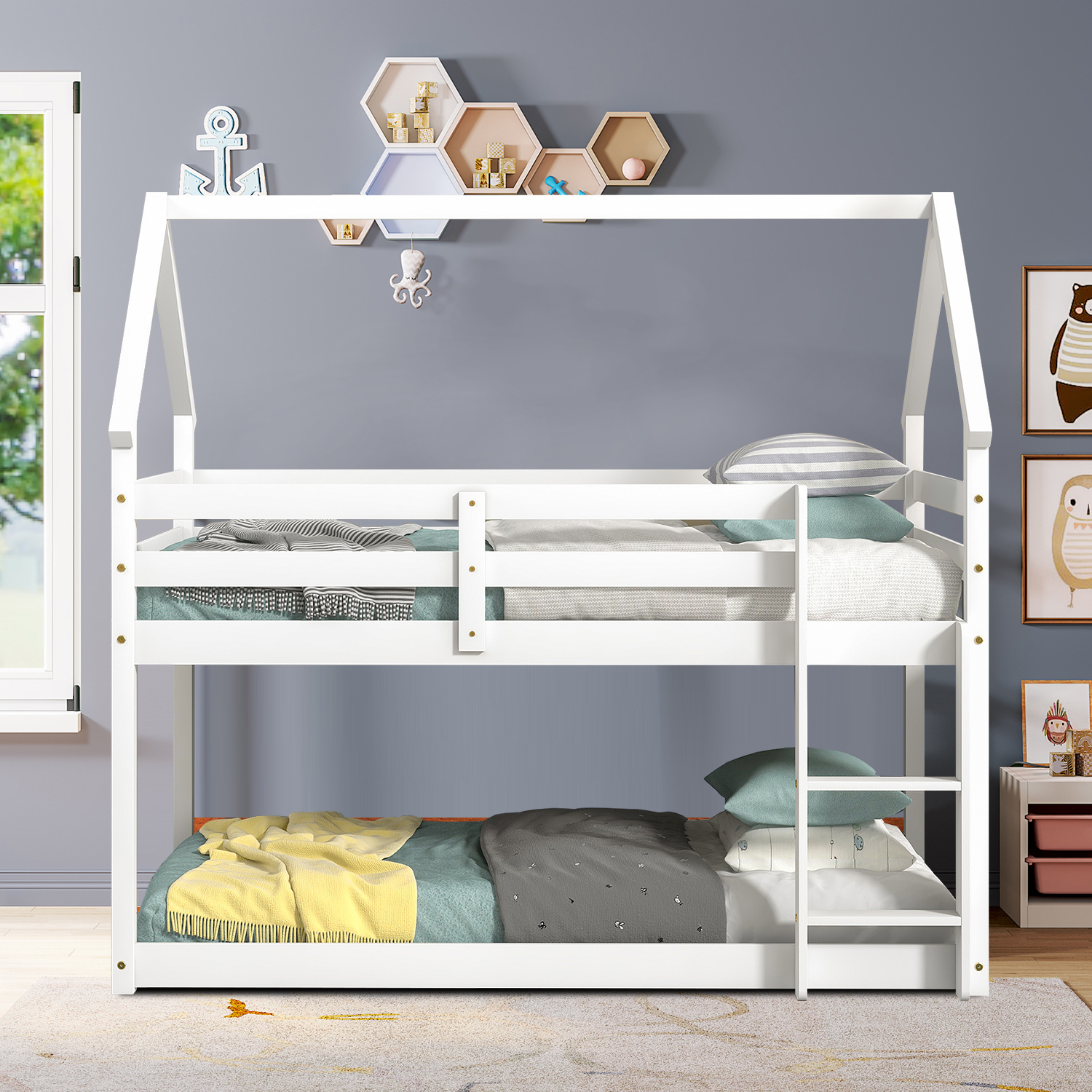 Classic Minimalist Style Twin Size Wooden Bunk Bed with Roof Design, Guardrail and Ladder, White