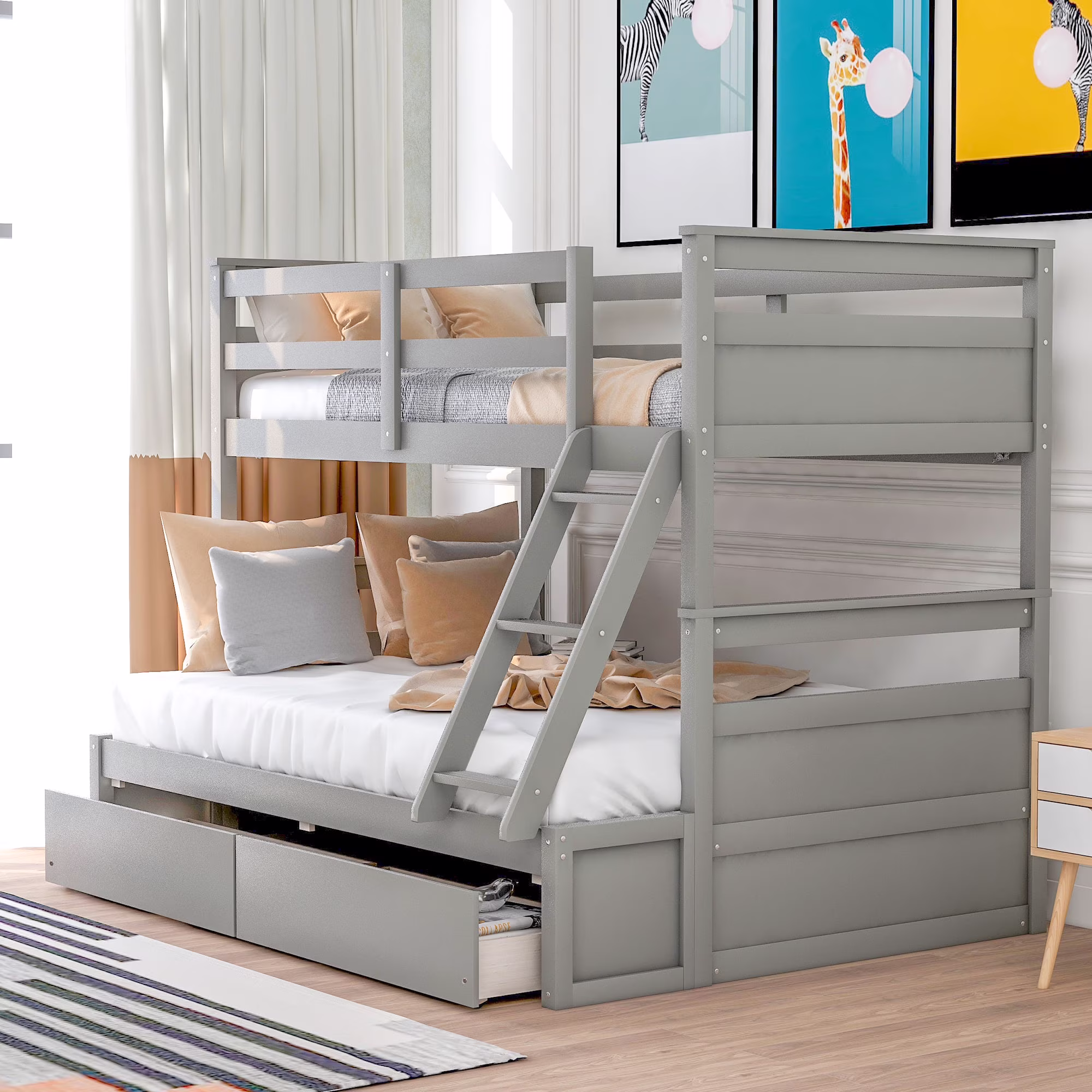 Twin Over Full Bunk Bed with Ladder and Strong Slat Support Twin-Full Bunk Bed Frame Pine Wood with 2 Storage Drawers Can Be Separated Into 2 Beds No Box Spring Needed