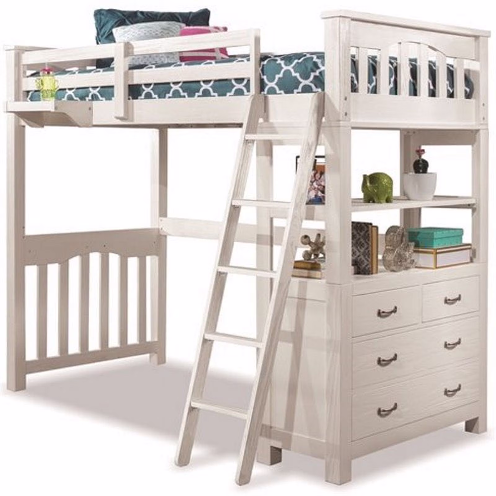 Pemberly Row Twin Wooden Loft Bed with Dresser and Hanging Nightstand in White
