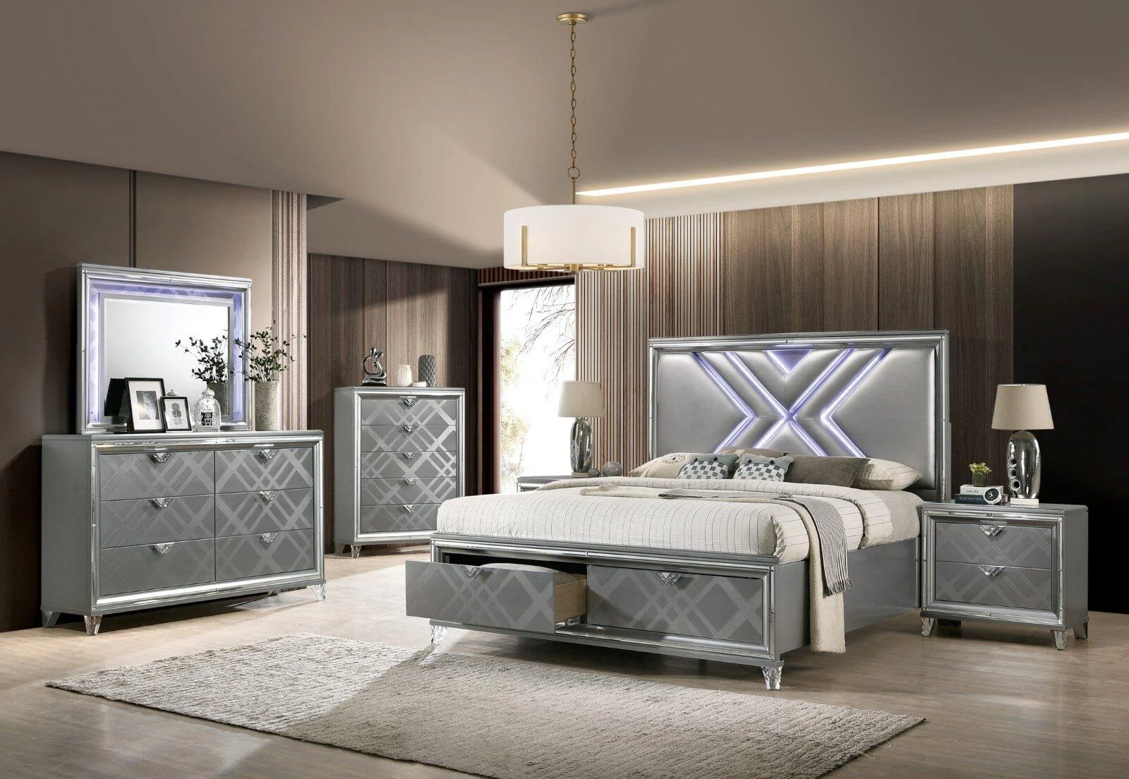 Contemporary Silver Solid Wood King Bedroom Set 5pcs FOA FOA7147 Emmeline