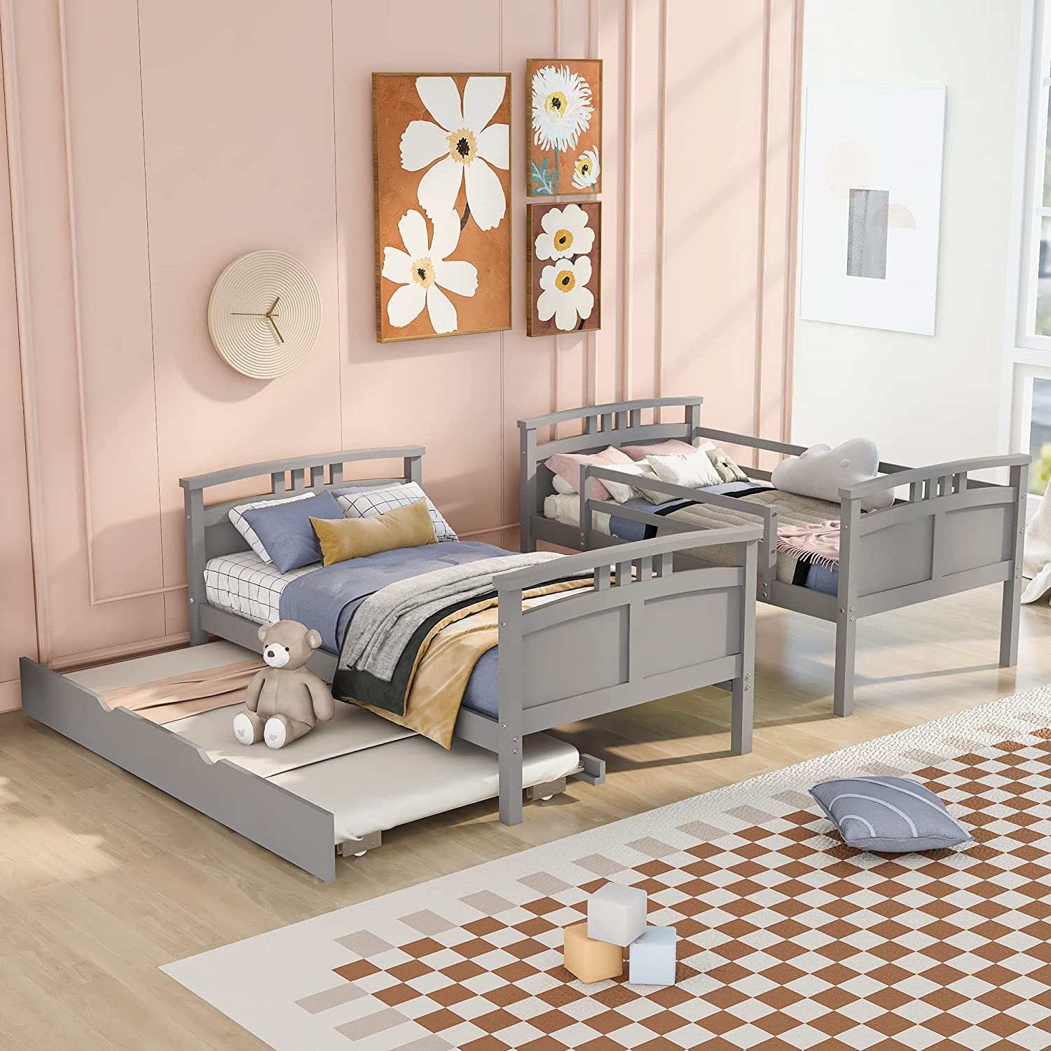 Wooden Bunk Bed With Trundle, Separable Bunk Bed Can Be Separated Into 2 Beds, Grey