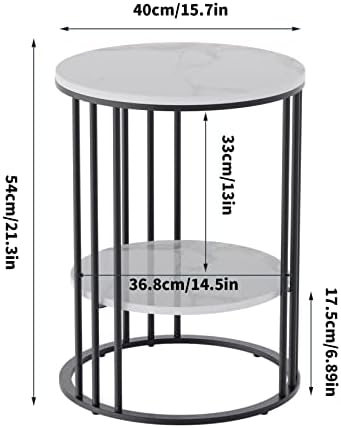 xrboomlife Sintered Stone End Table  2 Tier Round White Sofa Side Table - Small Coffee Table with Black Frame - Modern Bedside Nightstand for Living Room Bedroom