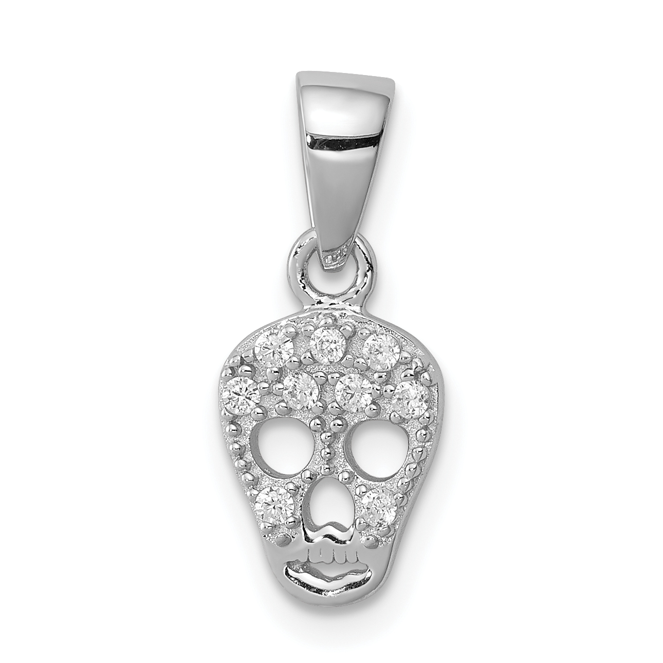 Sterling Silver Rhodium-Plated CZ Skull Pendant (0.7 Inches), Size XS (Lightweight)