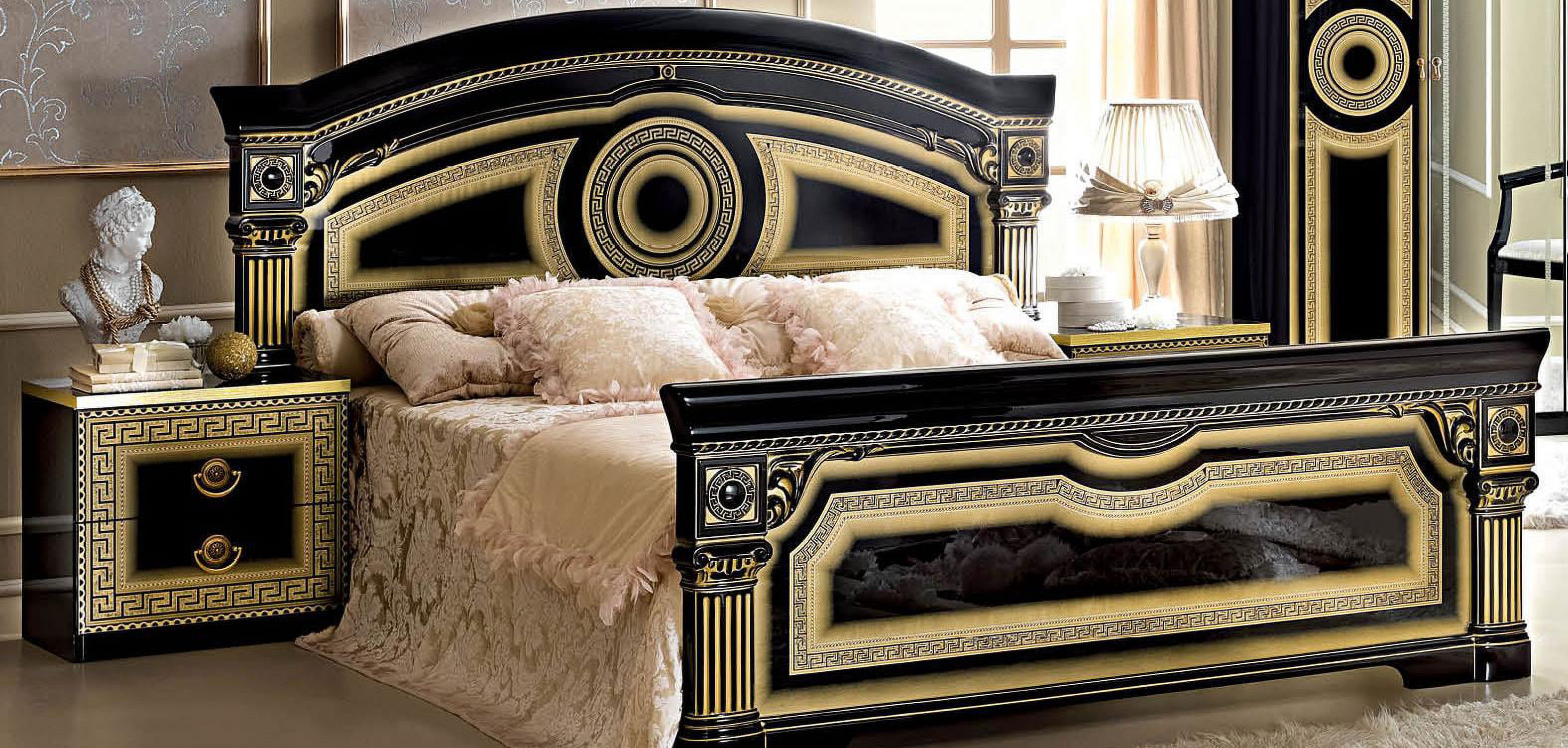 Traditional Black Gold Lacquer Finish Queen Size Bed Made in Italy ESF Aida