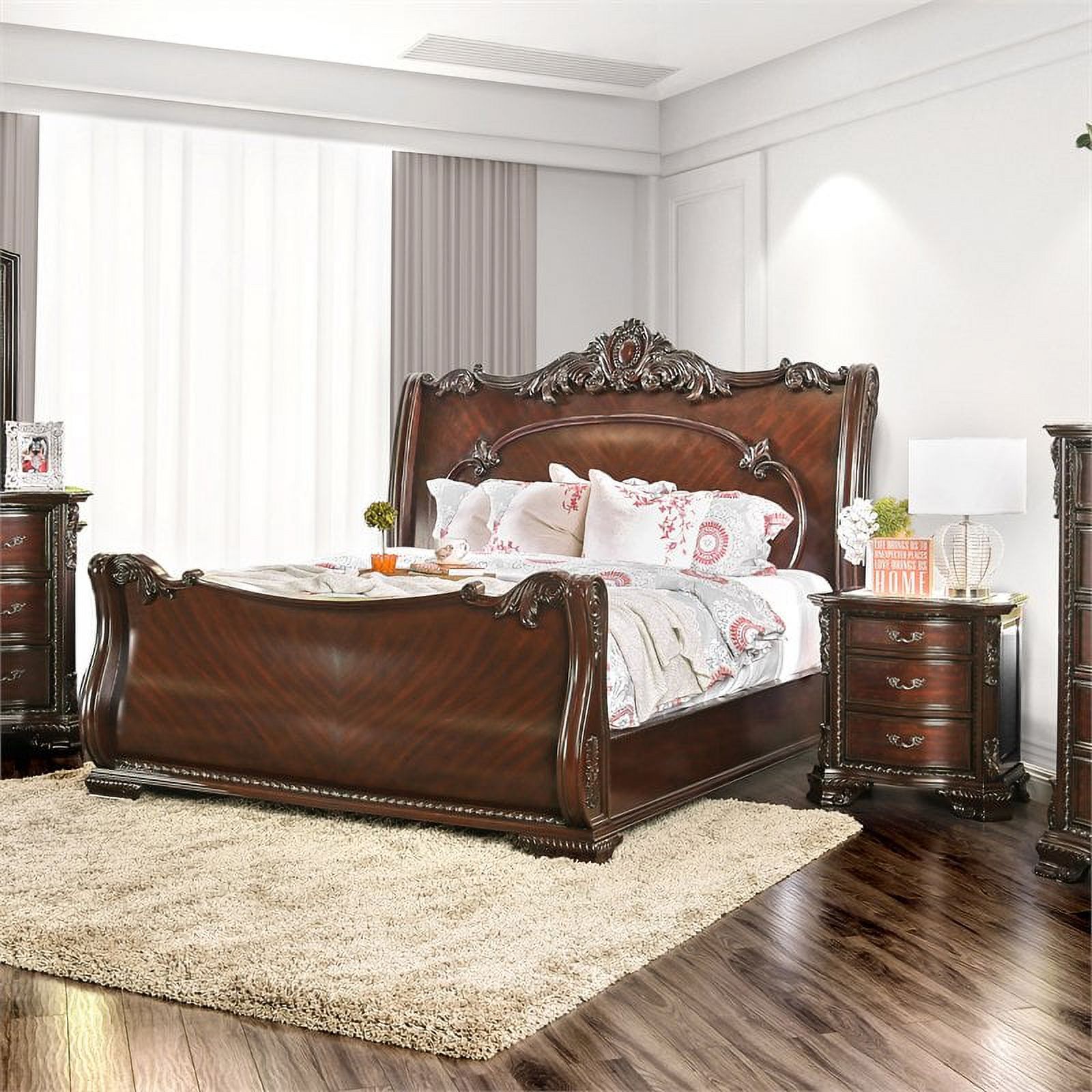 FOA Angelonia 3pc Brown Cherry Solid Wood Bedroom Set - Queen + 2 Nightstands