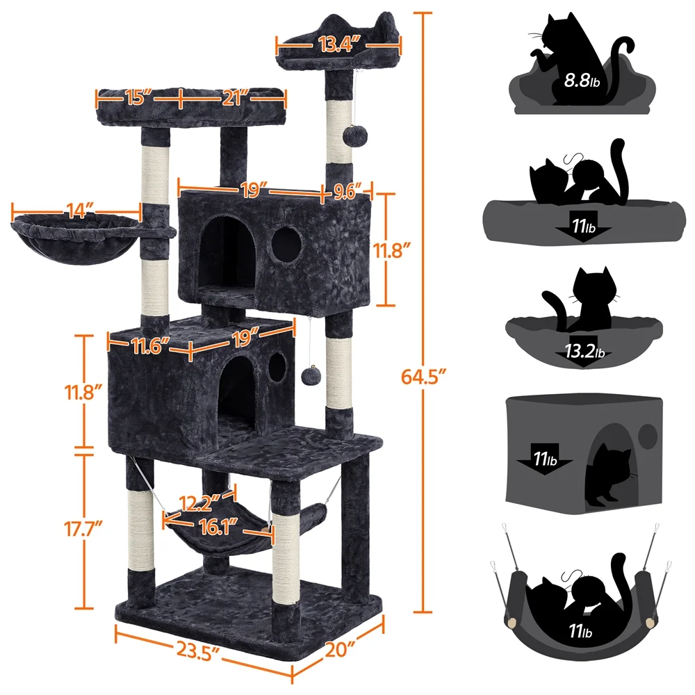 Topeakmart 64.5in Multi-level Large Cat Tree Condo Tower with Hammock Scratching Posts & Hammock, Black
