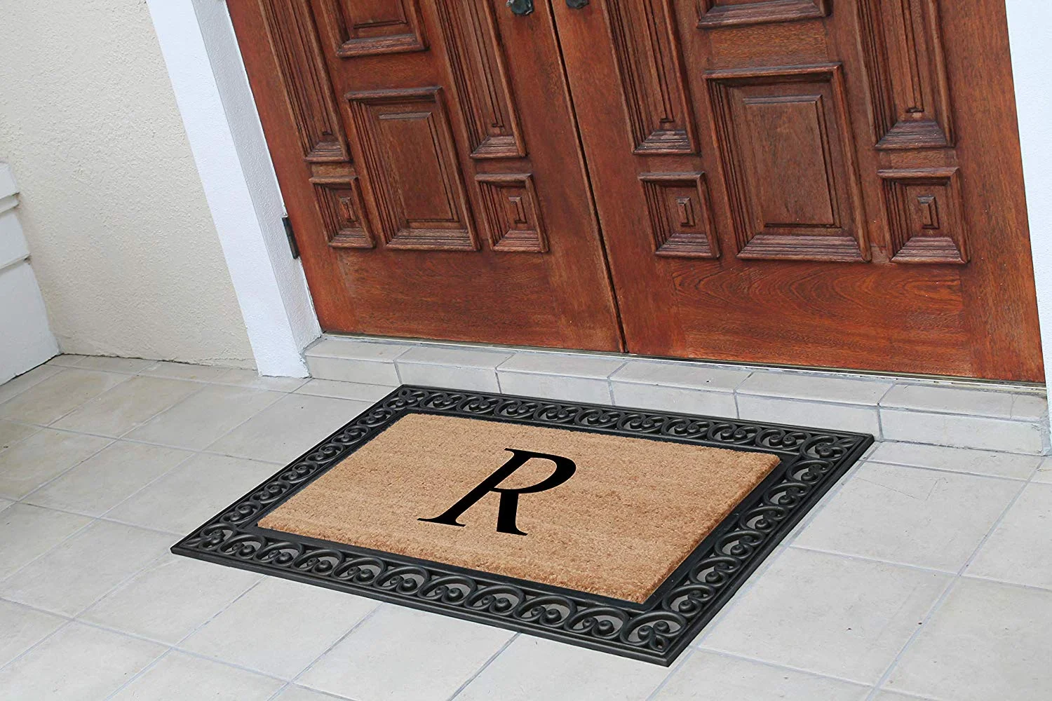 A1HC Classic Paisley Border Black Rubber and Coir Extra Large Monogrammed Double Doormat, 30