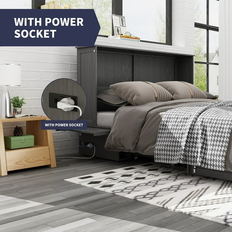 Mixoy Murphy Bed with Charging Station, Cube Cabinet Chest Bed with Mattress Grey - Queen