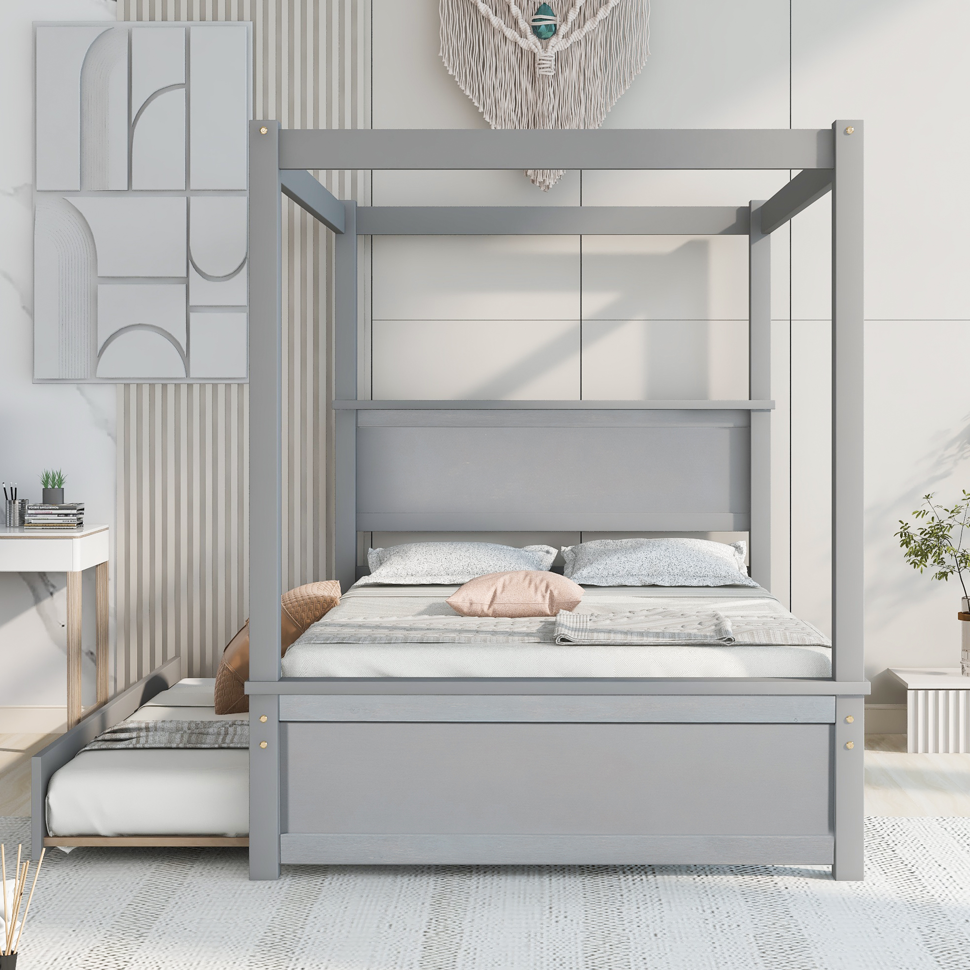 Dcenta Wood Canopy Bed with Trundle Bed ,Full Size Canopy Platform bed With Support Slats .No Box Spring Needed, Gray