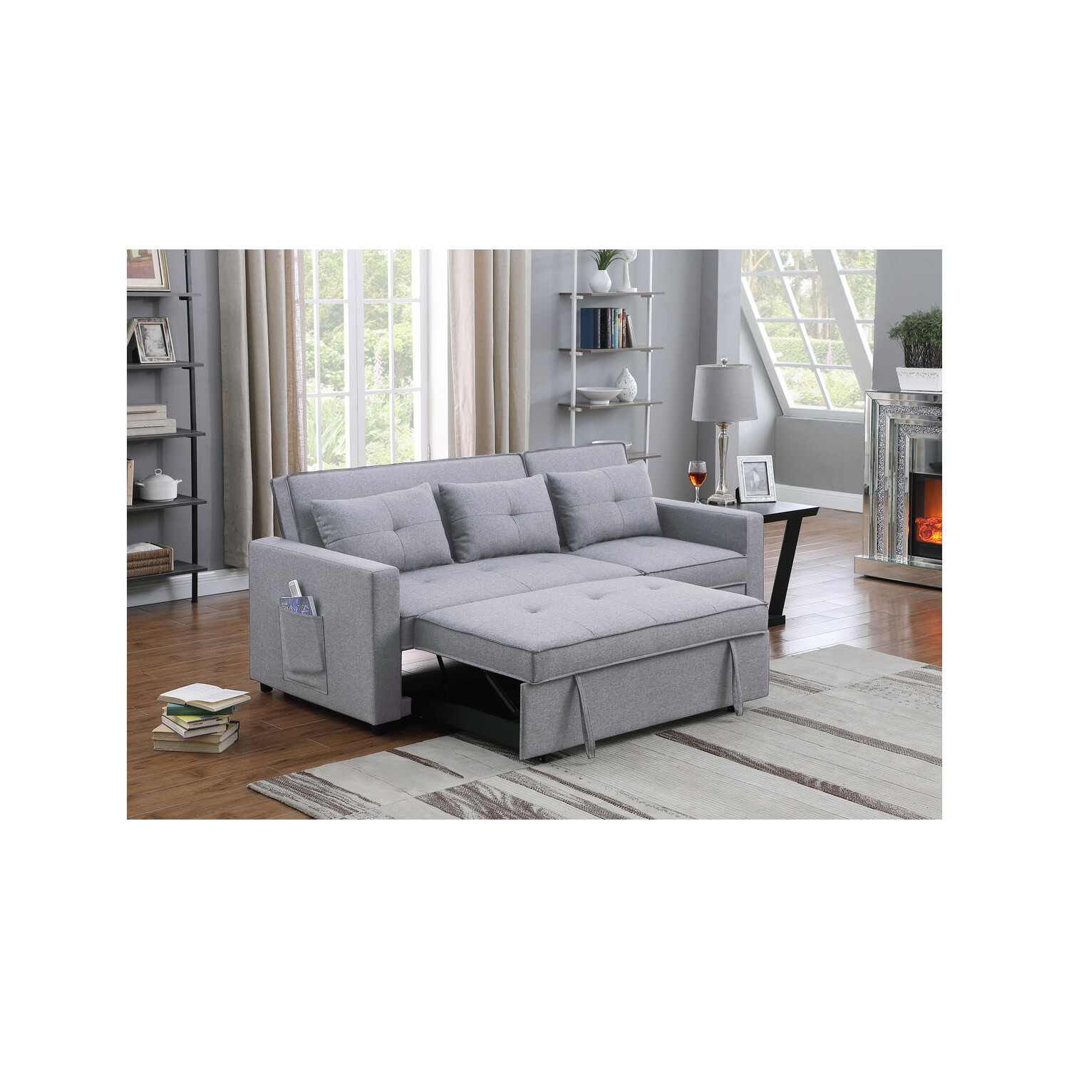 Zoey Light Gray Linen Convertible Sleeper Sofa with Side Pocket