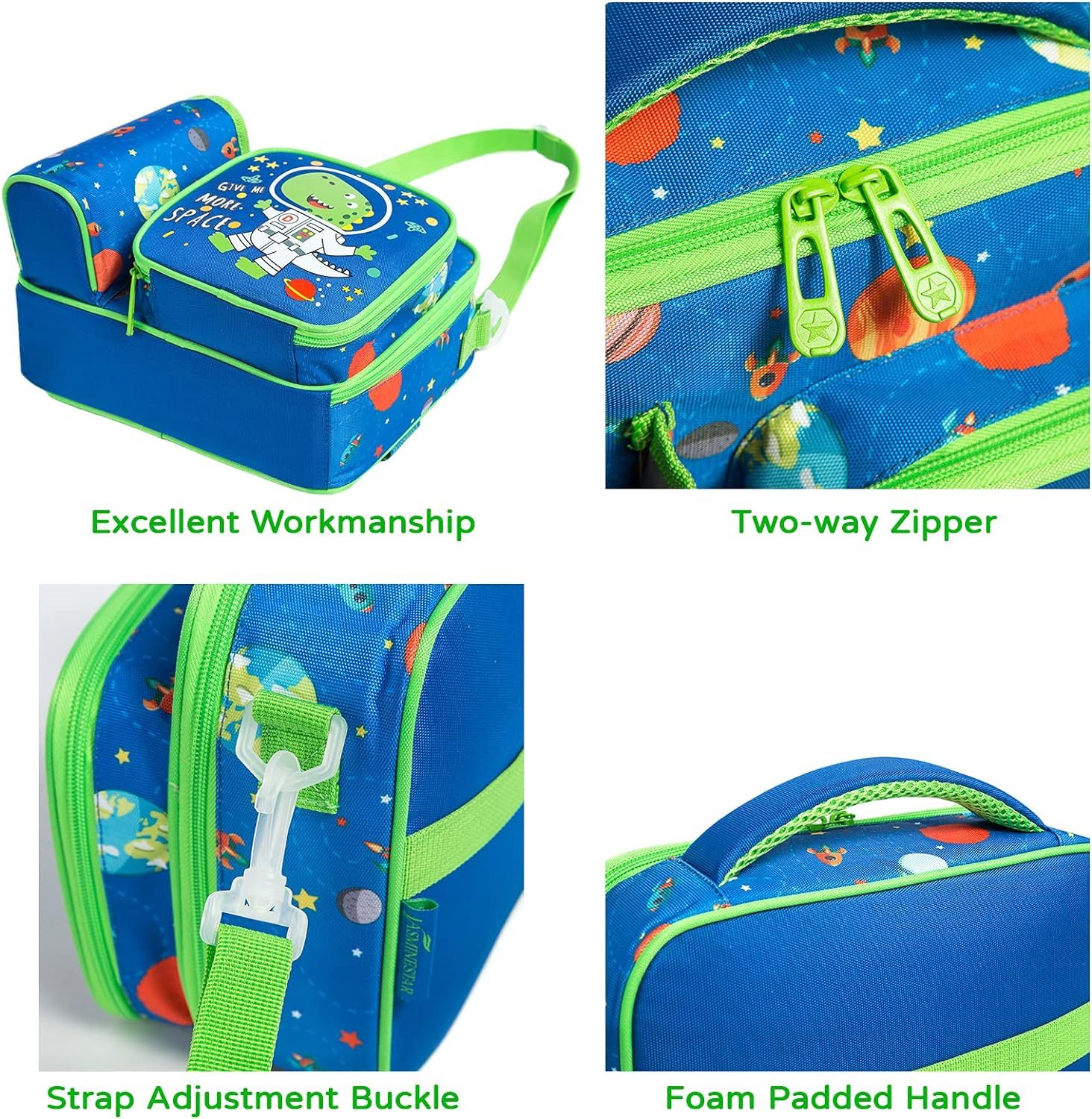 IvyH Kids Insulated Lunch Bag Reusable Lunch Box Thermal Meal Tote Bag,Leakproof Cooler Lunchbox 3 Compartments with Water Bottle Holder,Blue Dinosaur