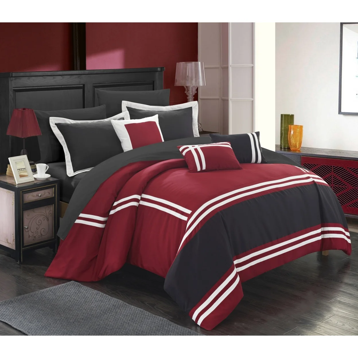 Chic Home 10 Piece Annabel Supersoft Oversized pieced color block banding collection Bed In a Bag Comforter Set