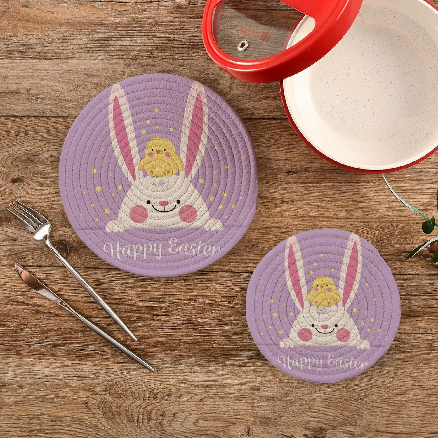 GZHJMY Cute Rabbit Chick Easter Heat Resistant Trivets Potholders 2PCS, Round Cotton Weave Handmade Pot Holder, Non-Slip Hot Mats Kitchen Dining Plate Mat43 for Kitchen Pans Bowl Teapot