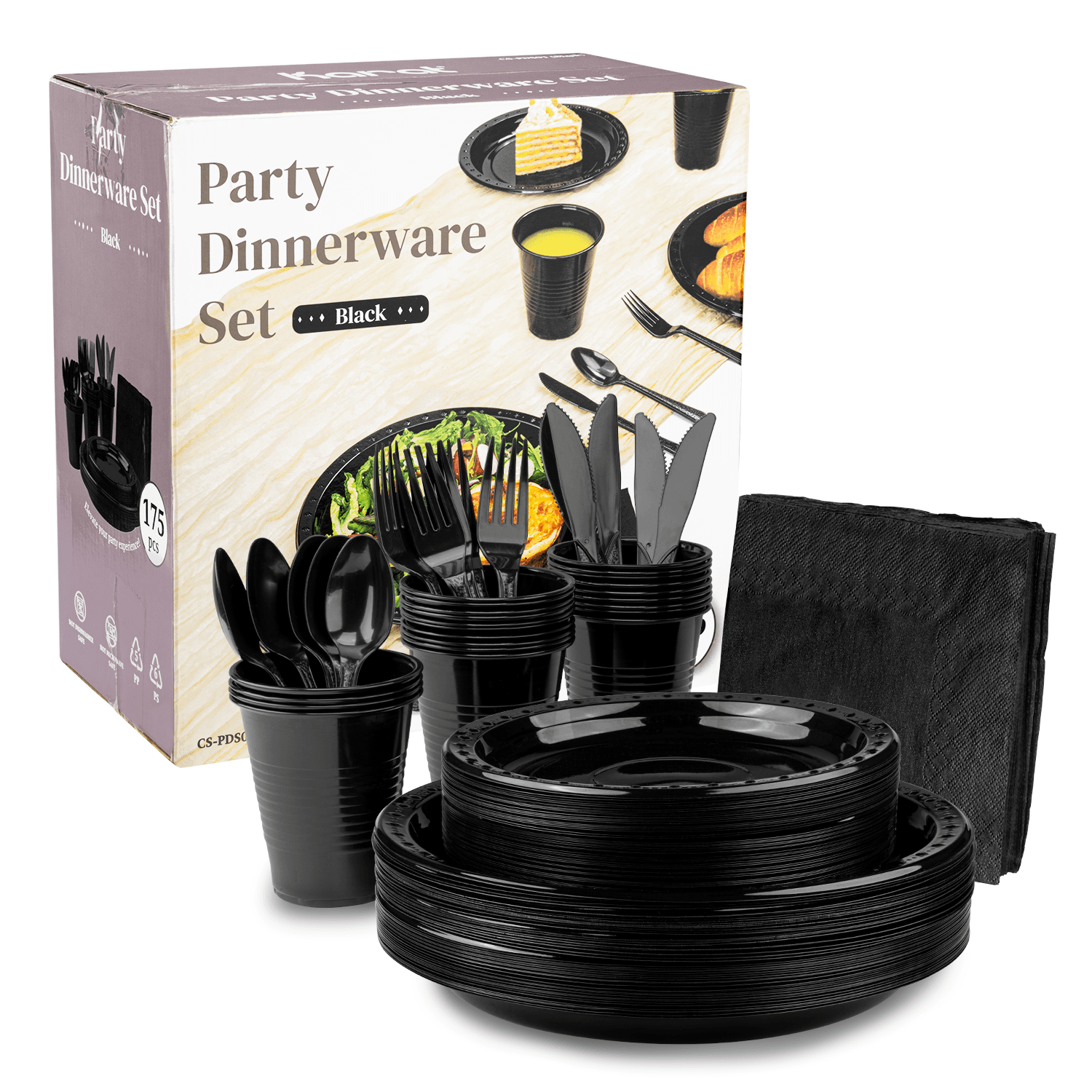 Karat Disposable Black Party Dinnerware Set (Plate, Cup, Fork, Knife, Spoon, Napkin), PP Plastic - 25 Guests