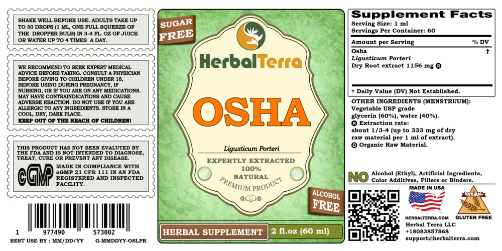 Osha Dry Root KETO Friendly Alcohol-Free Absolutely Natural Expertly Extracted by Trusted HerbalTerra Brand Liquid Extract. Proudly made in USA. Glycerite 2 Fl.Oz