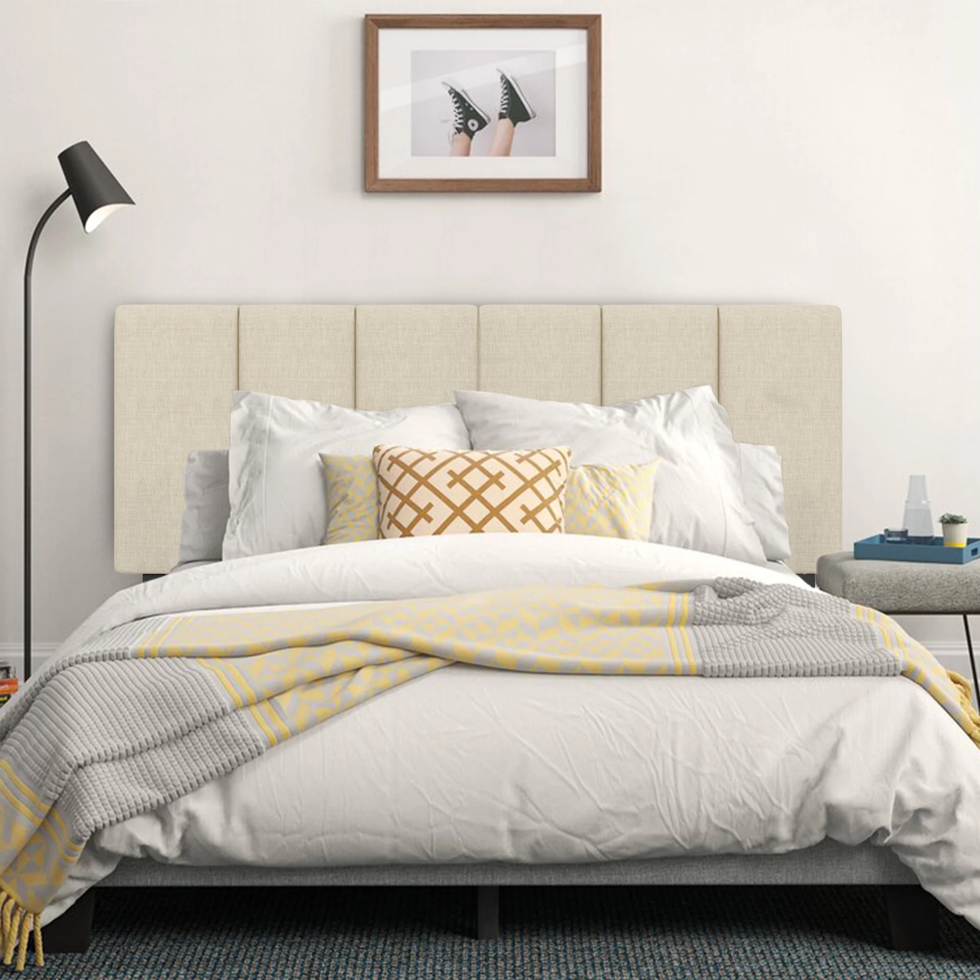 Andeworld Upholstered Headboard Queen Foldable Upholstered Headboard for Queen Bed Adjustable Height Oatmeal（White）