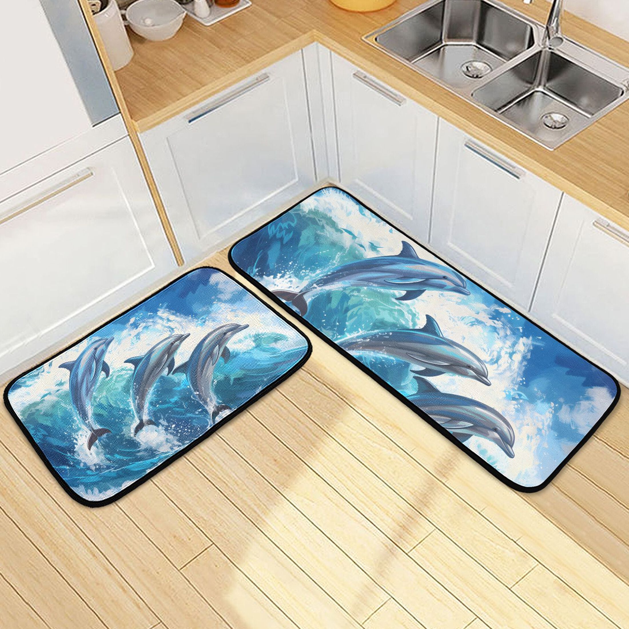 Dolphins Jumped with Wave Kitchen Rugs Set of 2 Non Slip Floor Foam Mat Cushioned Soft Waterproof Carpet Runner for Dining Room Laundry
