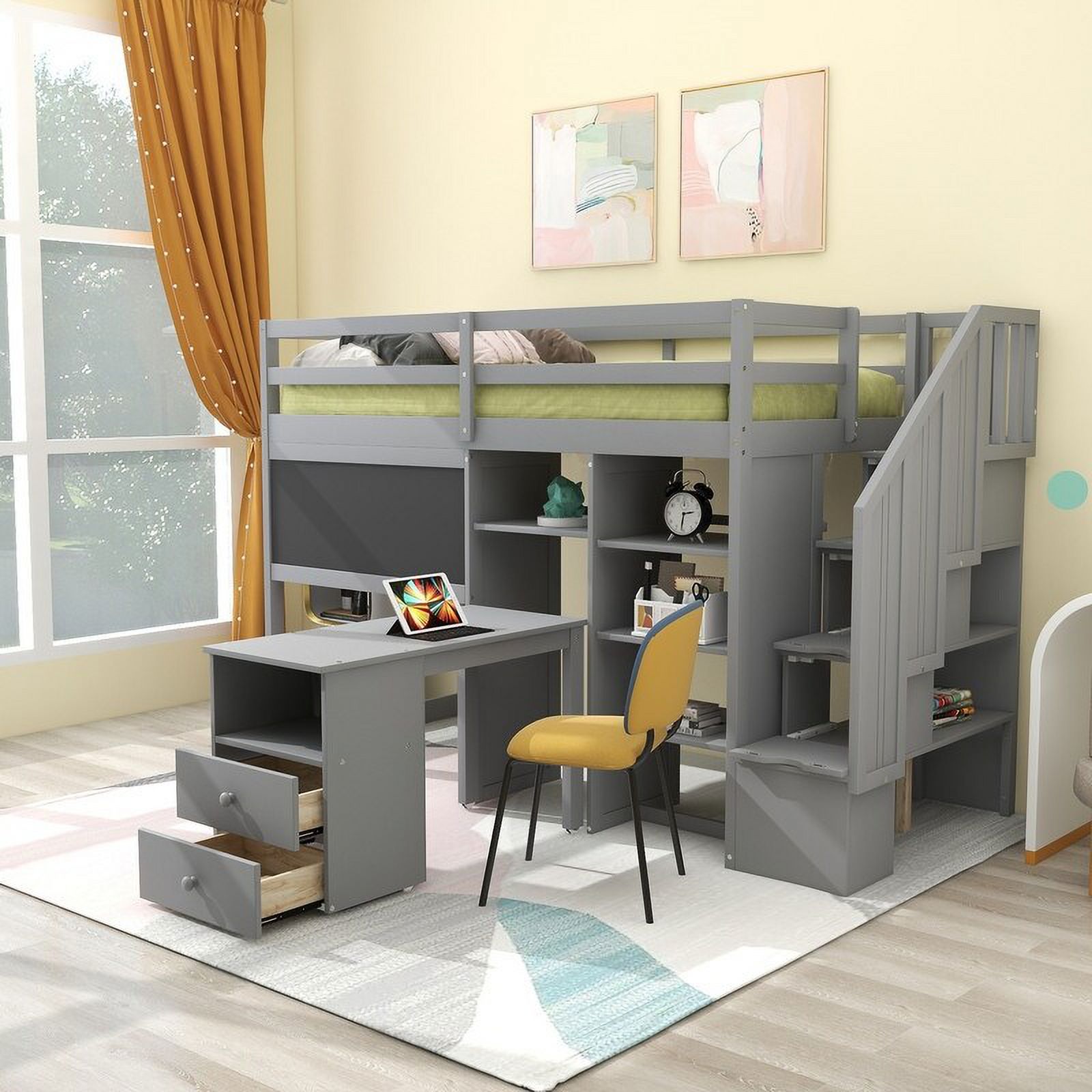 Twin Solid Pine Loft Bed With DIY Blackboard & Study Desk & Decorative Shelves & Storage Stairs White