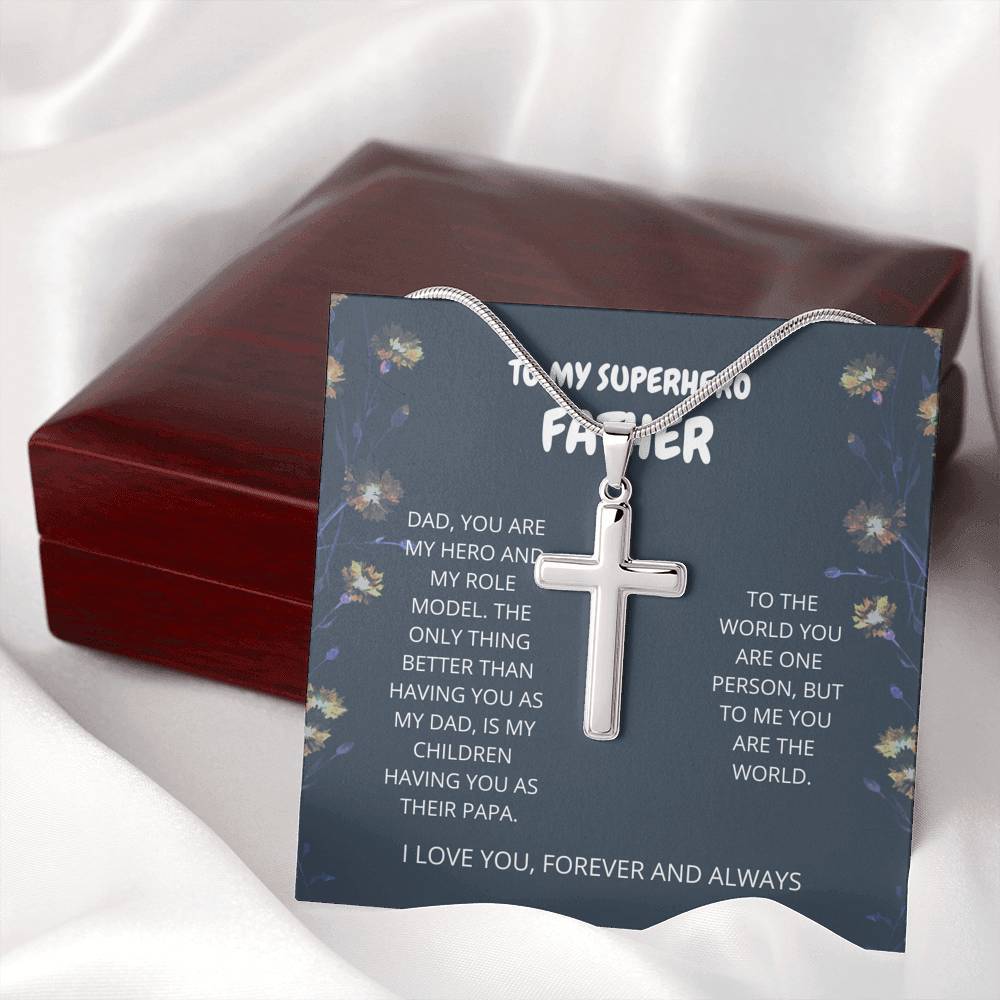 Father - My Hero - Artisan Cross Necklace, Dad, Father's Day, Birthday Gift