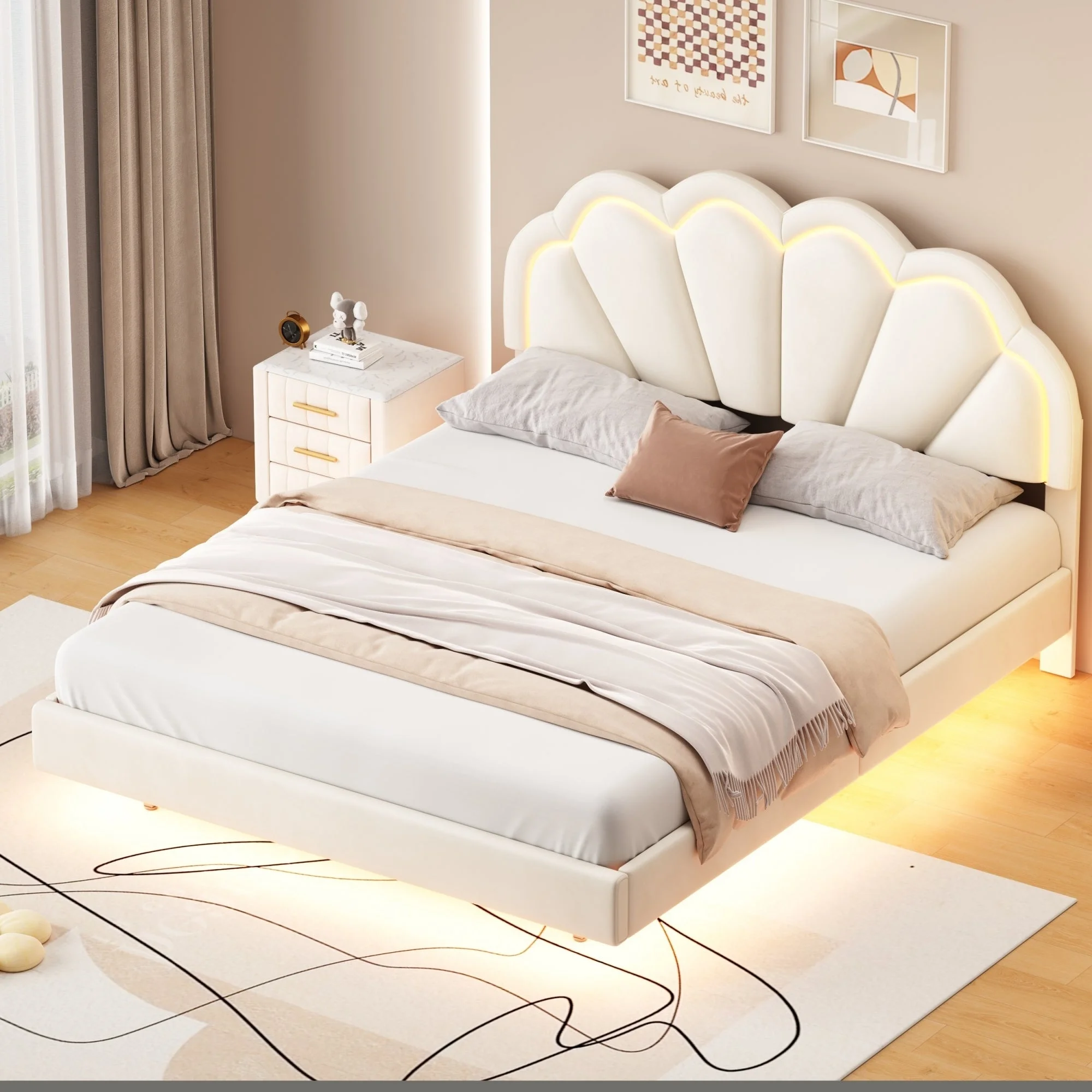 Atlantic Queen Size Platform Bed Frame withe LED  - Beige