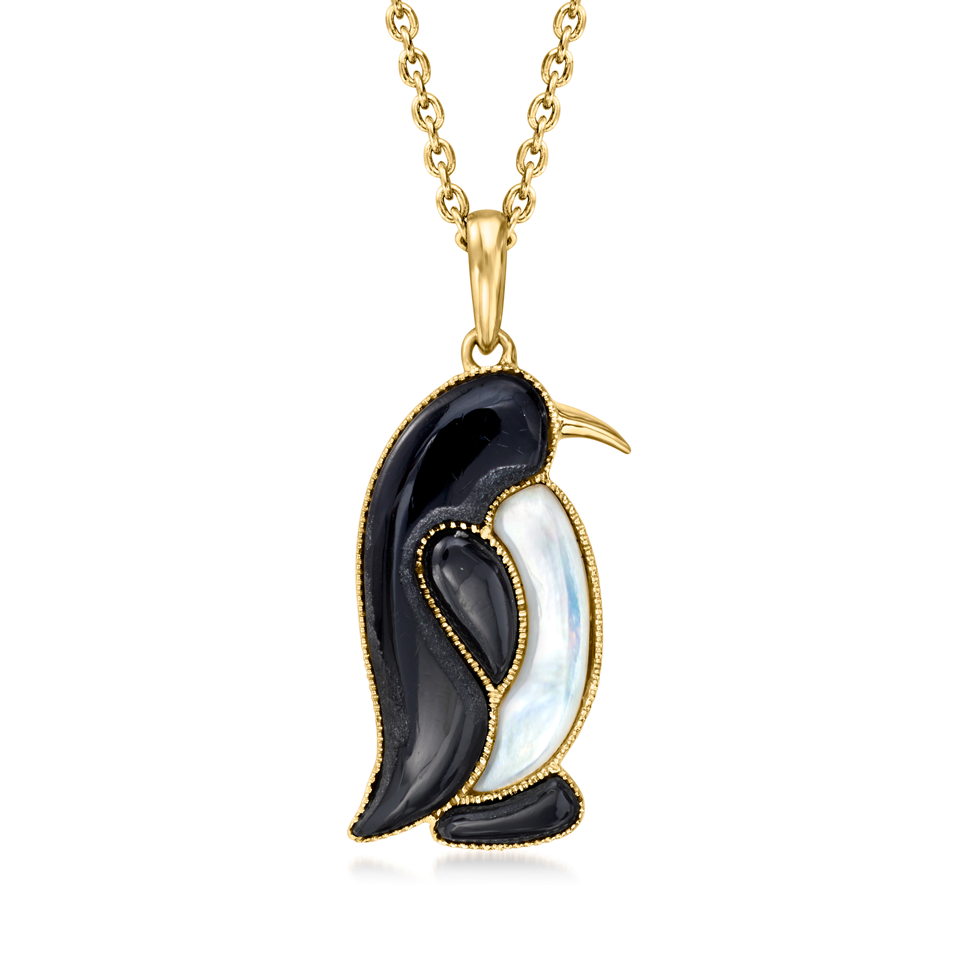Ross-Simons Onyx and Mother-Of-Pearl Penguin Pendant Necklace in 18kt Gold Over Sterling, Women's, Adult