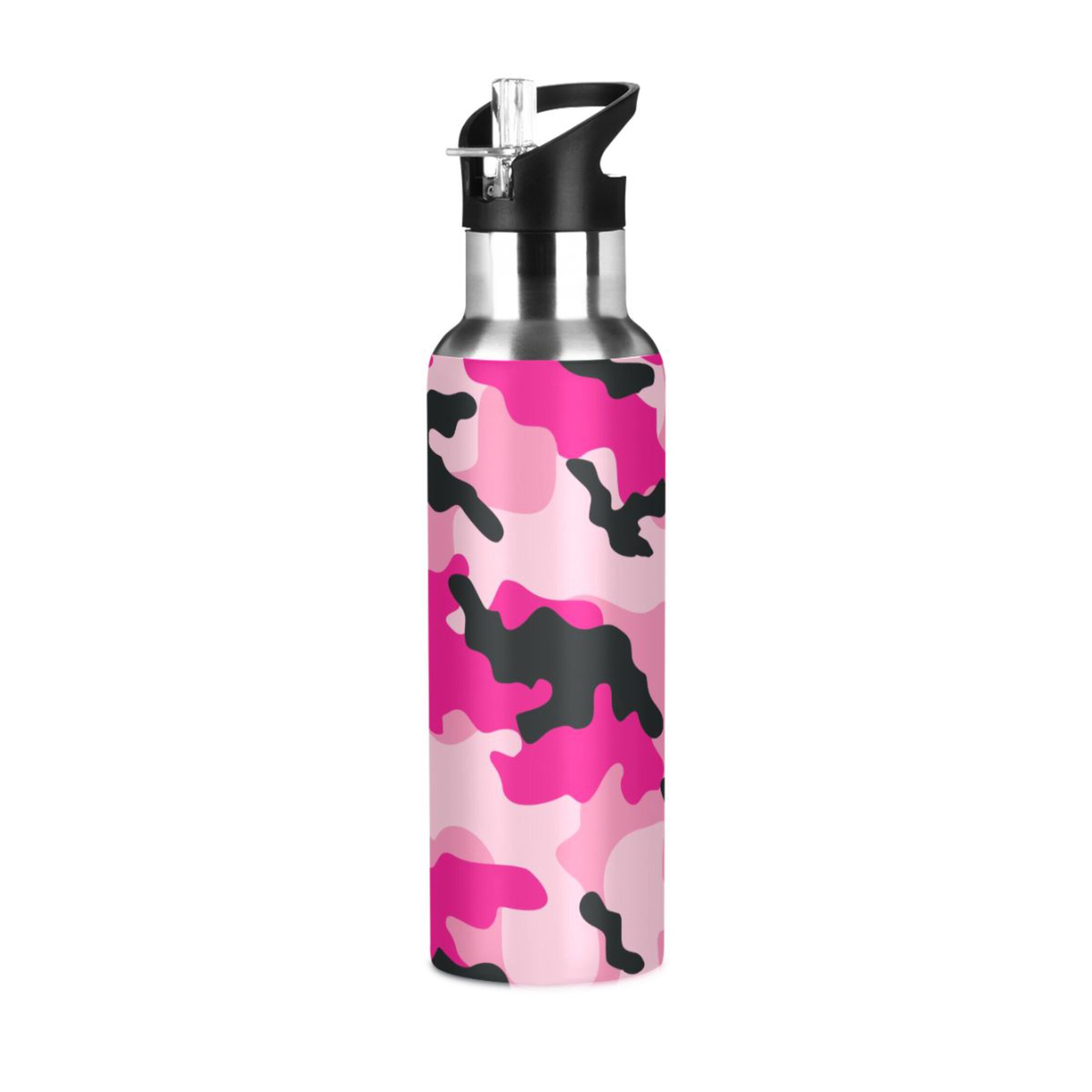 Pink Camouflage Water Bottles Insulated Thermos Kids Stainless Steel Bottle with Straw Lid Flask Leakproof for Sports Gym 20 oz