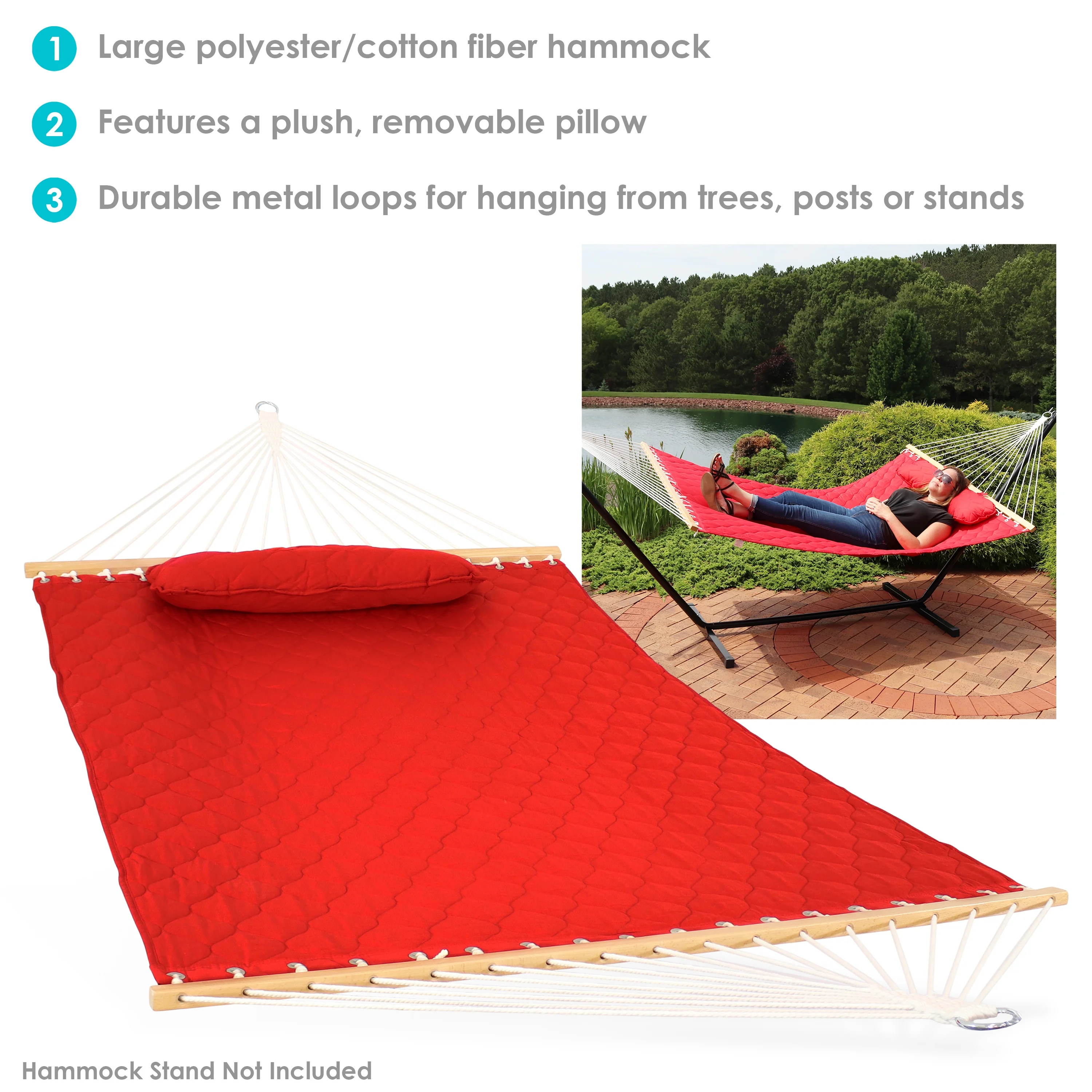Sunnydaze 2-Person Quilted Hammock with Bolster Pillow - Red
