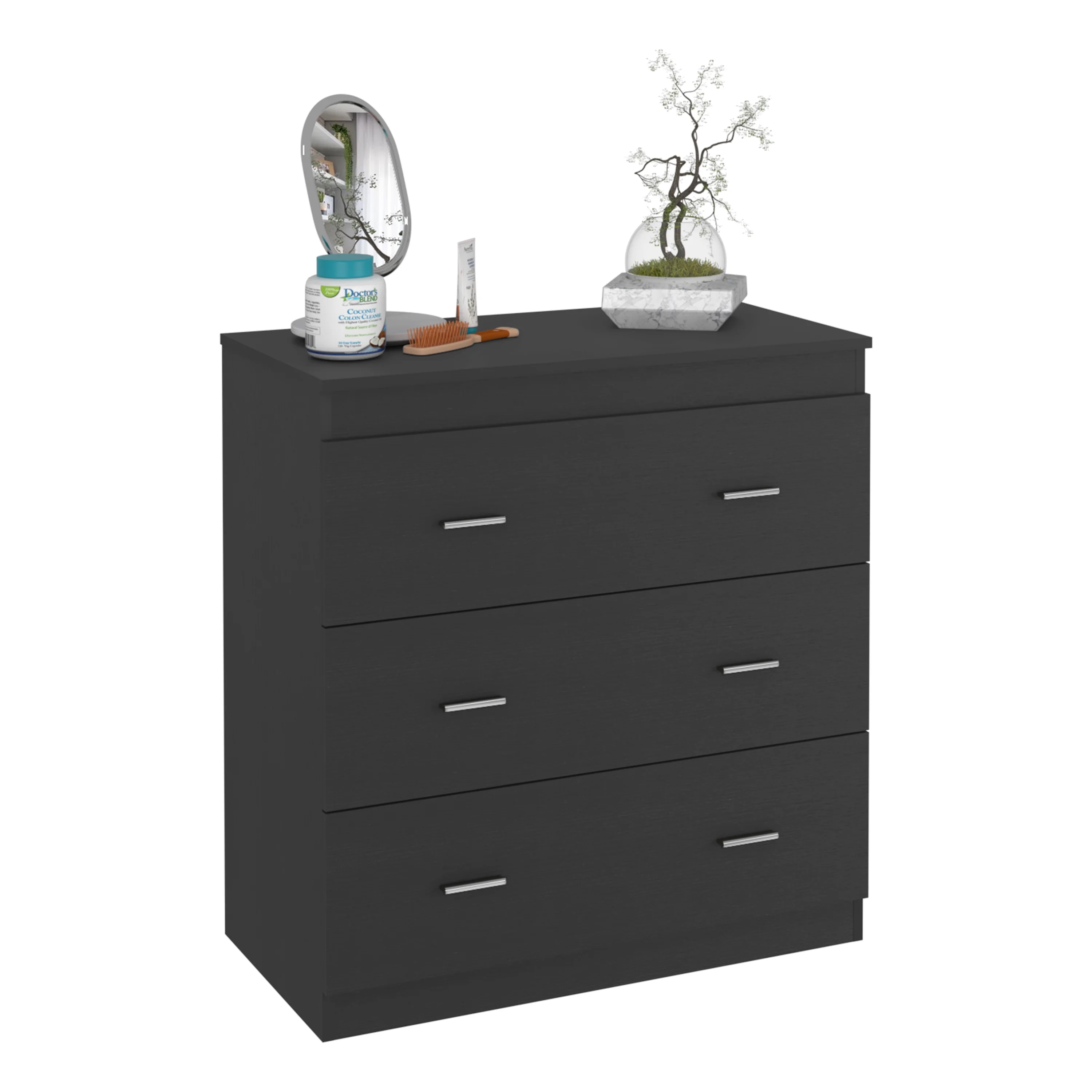 CoSoTower Three Drawer Dresser Litress, Metal Handles, Black Wengue Finish