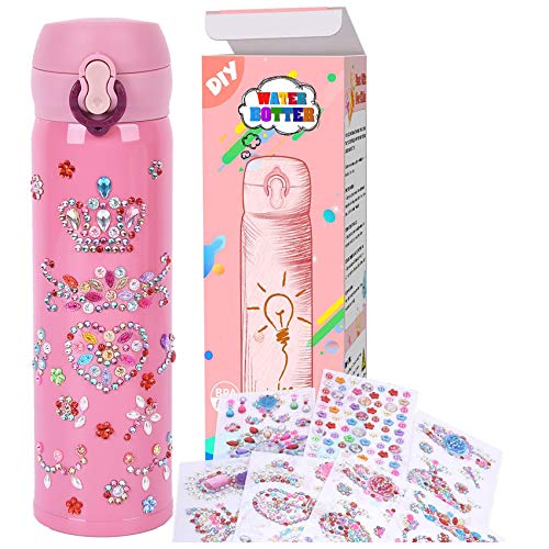 YOFUN Create Your Water Bottle with Tons of Rhinestone Gem Stickers - Craft Kit & DIY Art Set for Children, Gift for Girls - 17 OZ BPA Free Stainless Steel Vacuum Insulated Mug( Pink)